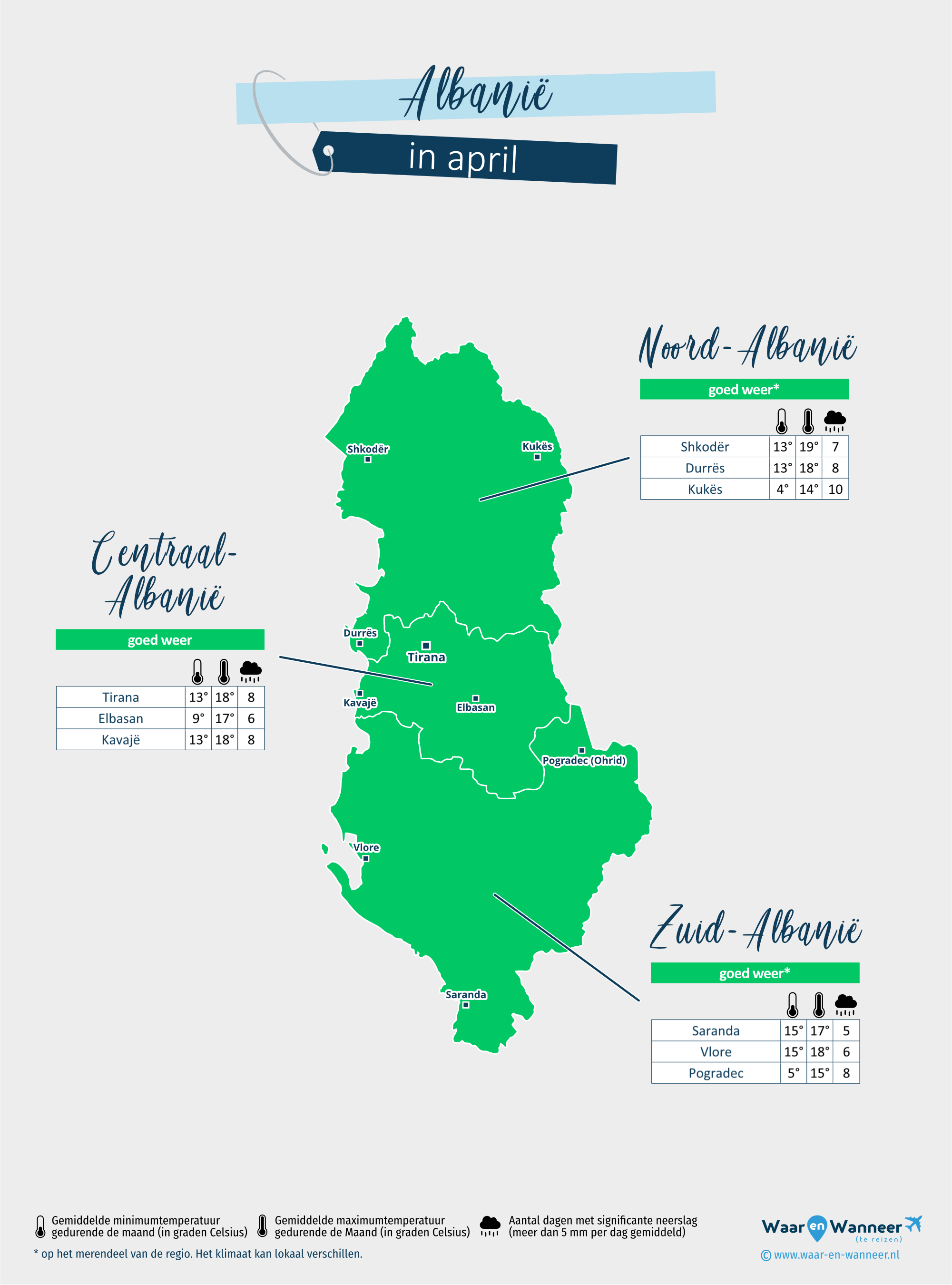 Albanië: weerkaart in april in verschillende regio's