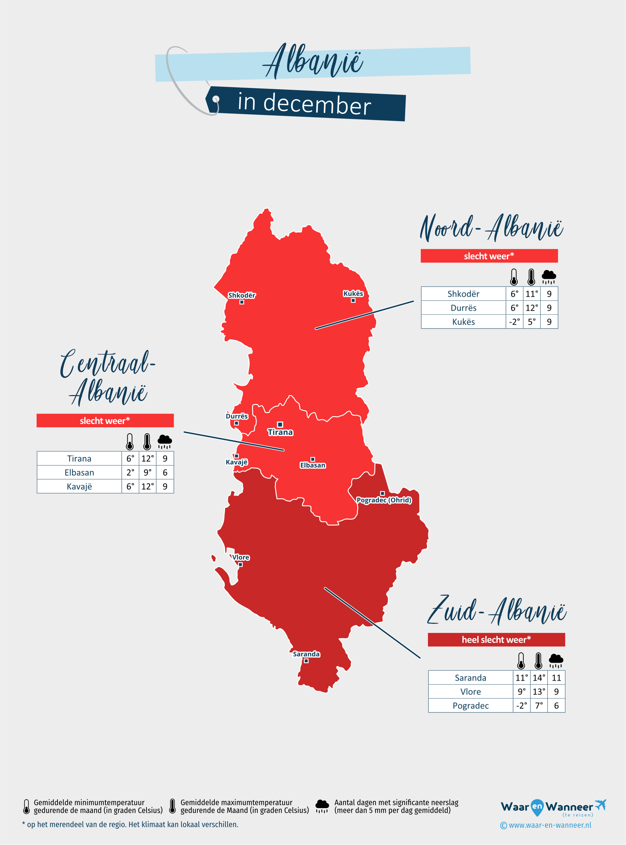 Albanië: weerkaart in december in verschillende regio's