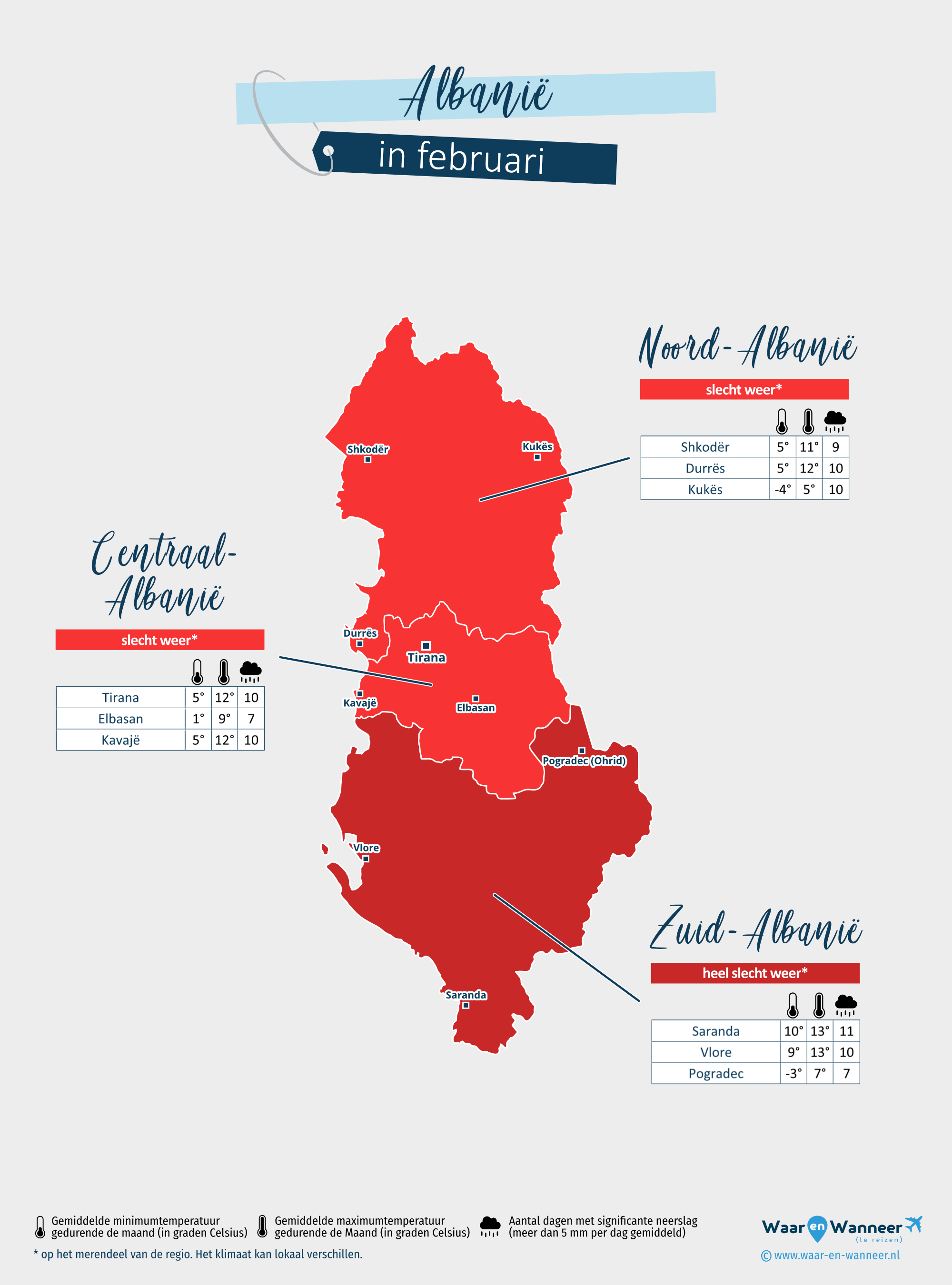 Albanië: weerkaart in februari in verschillende regio's
