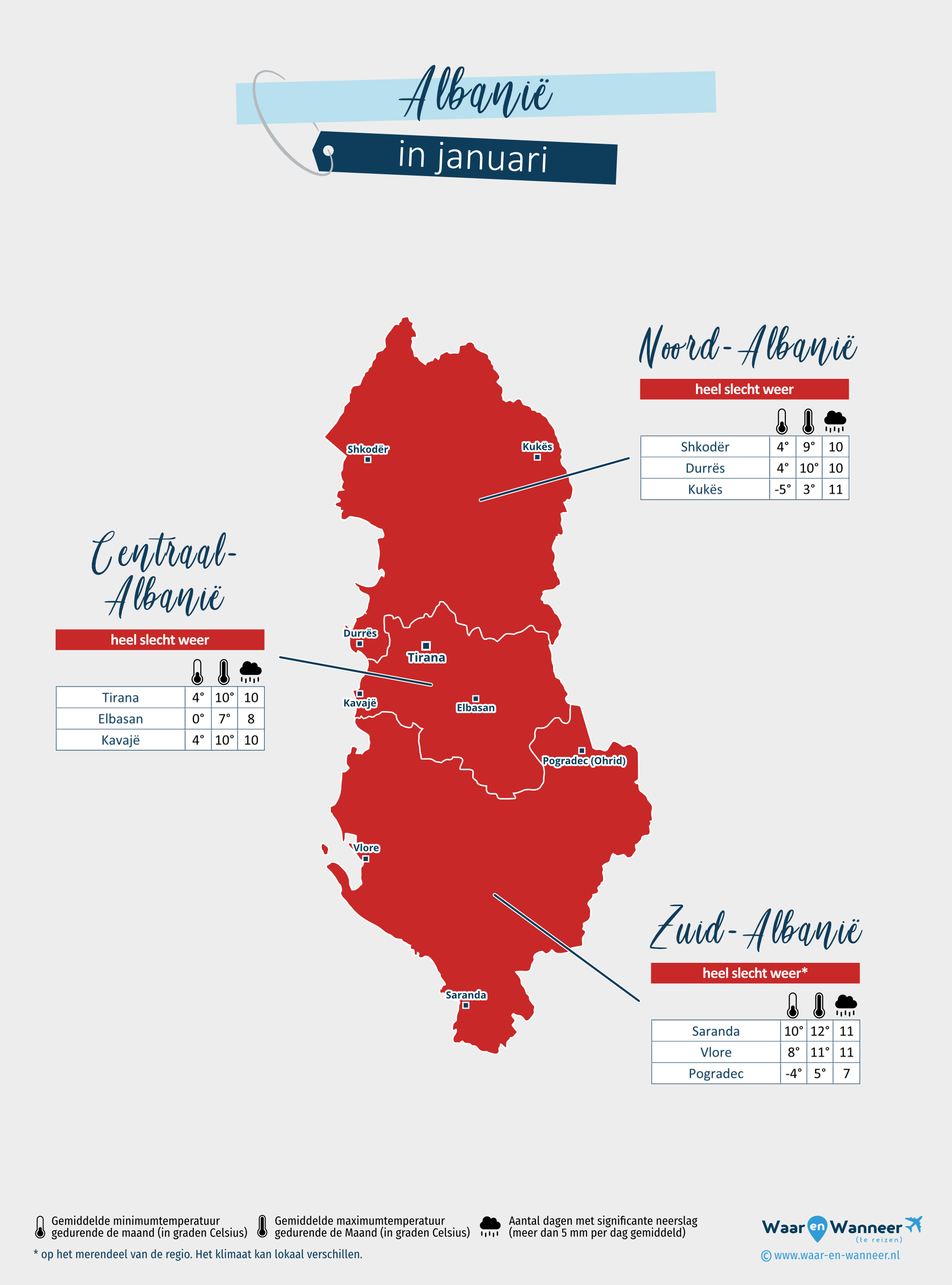 Albanië: weerkaart in januari in verschillende regio's