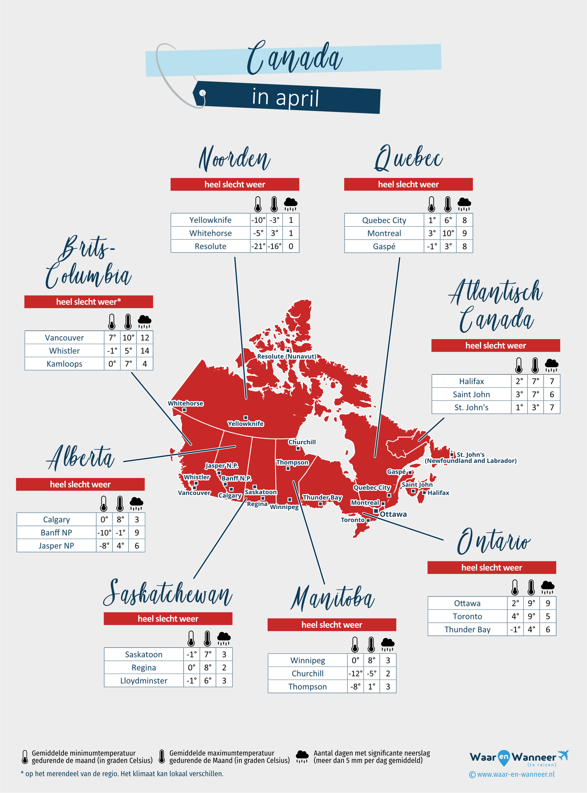 Canada: weerkaart in april in verschillende regio's