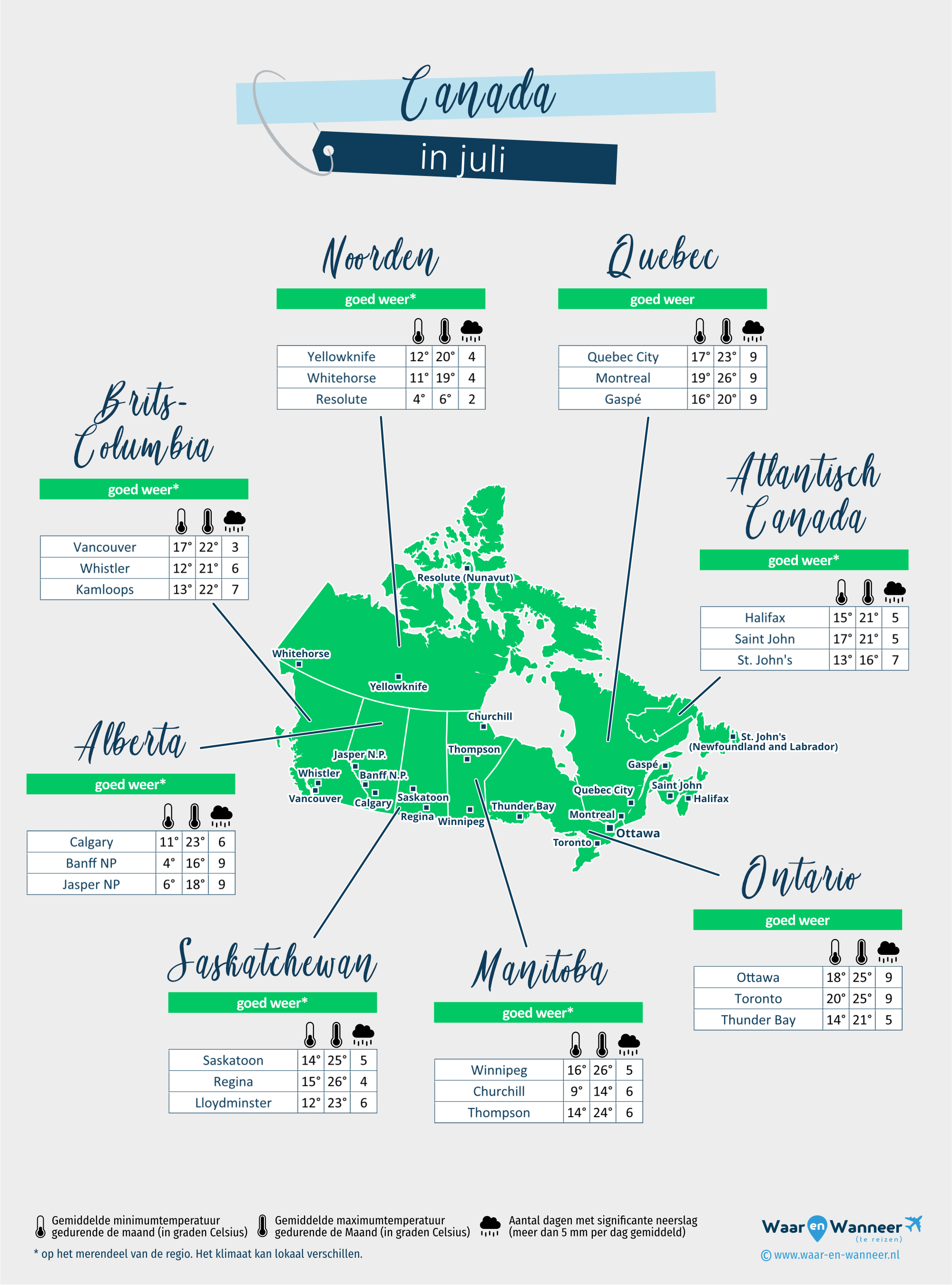 Canada: weerkaart in juli in verschillende regio's