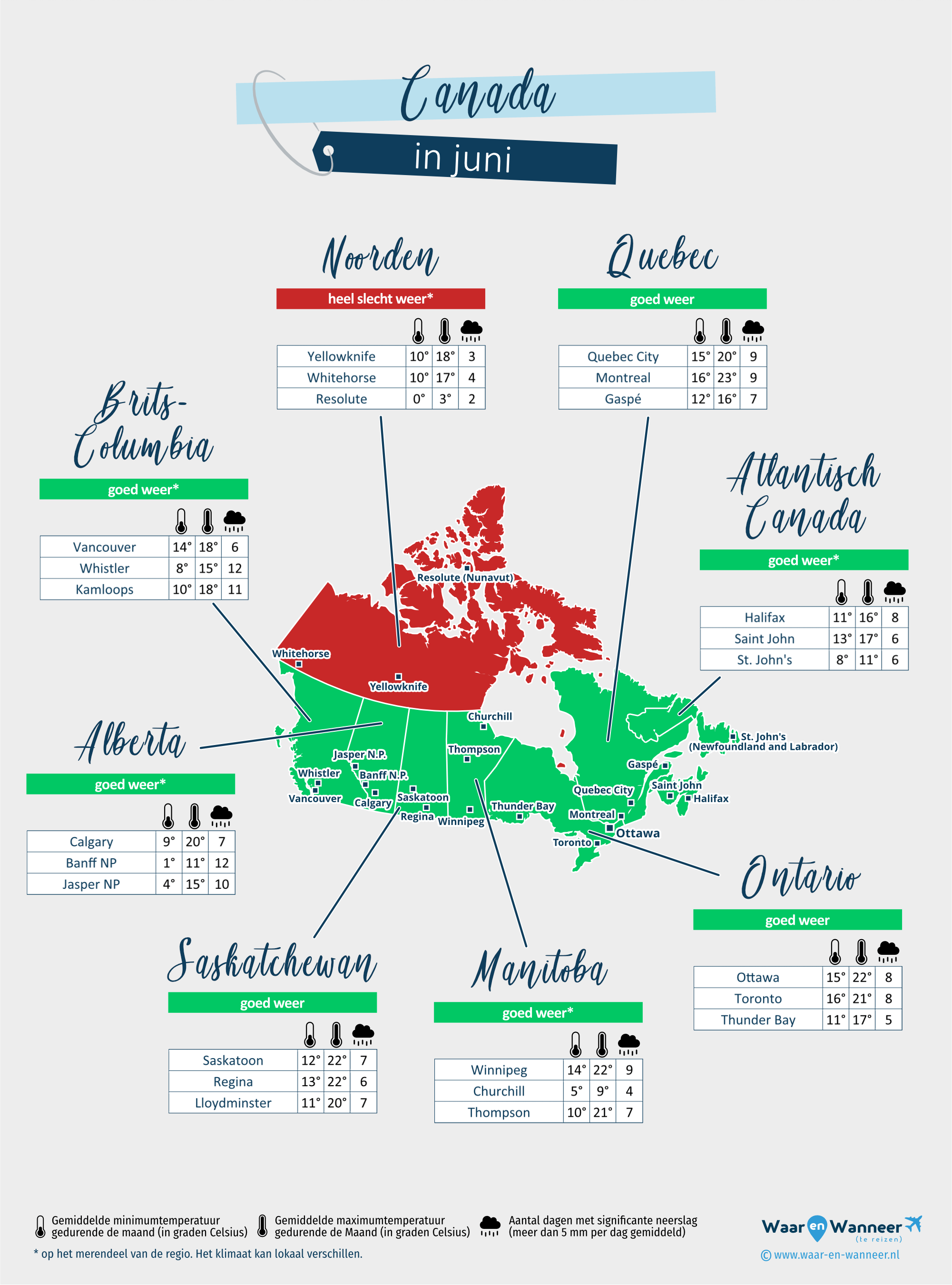 Canada: weerkaart in juni in verschillende regio's
