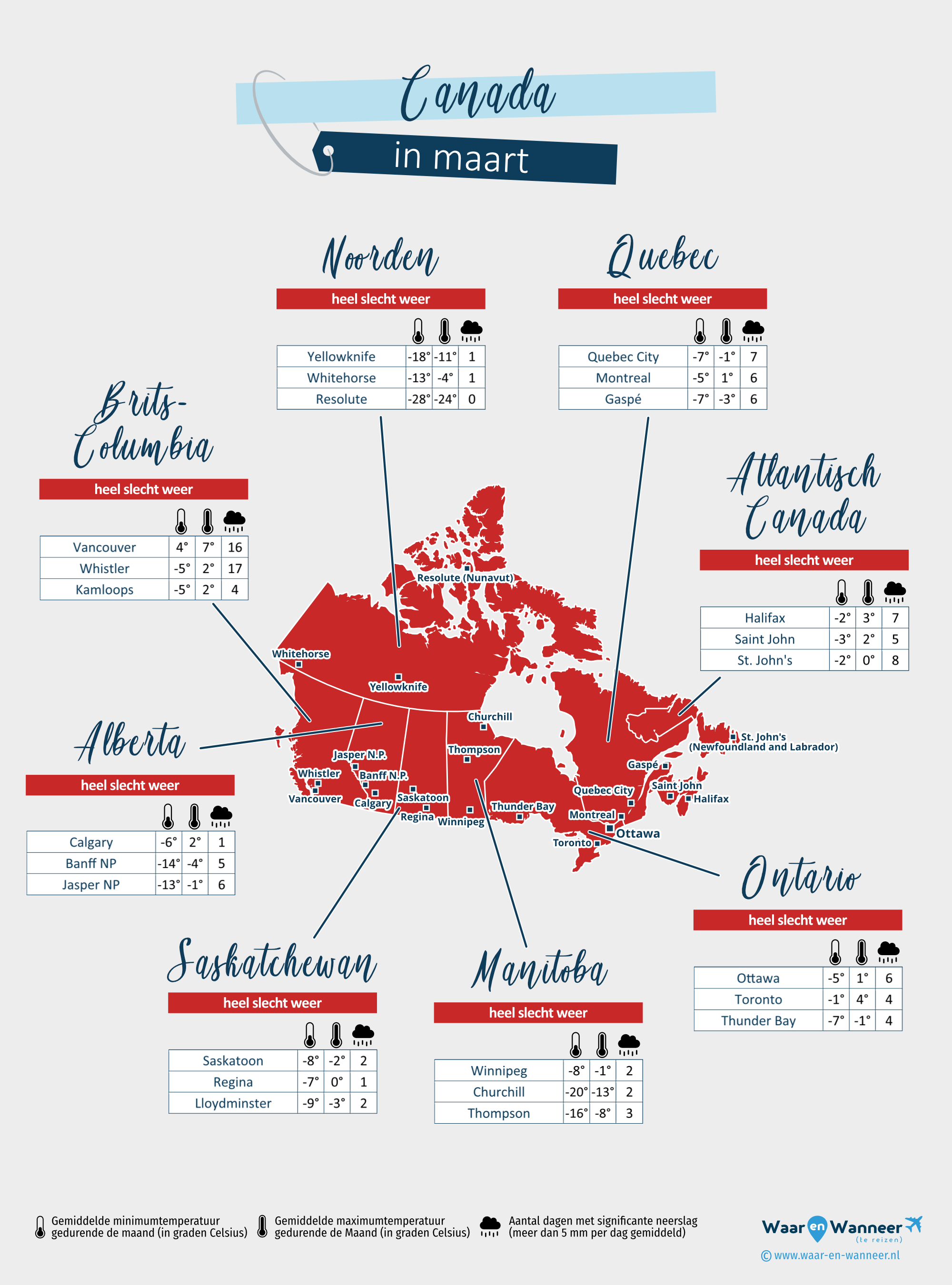 Canada: weerkaart in maart in verschillende regio's