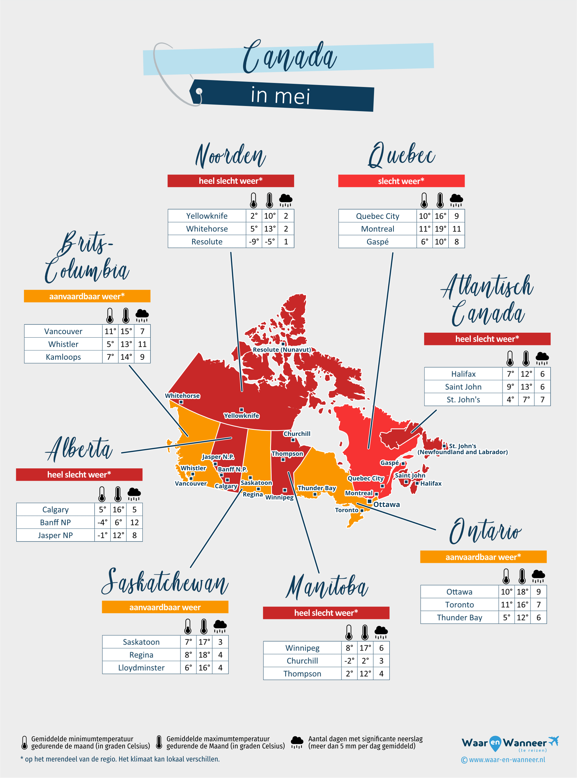 Canada: weerkaart in mei in verschillende regio's