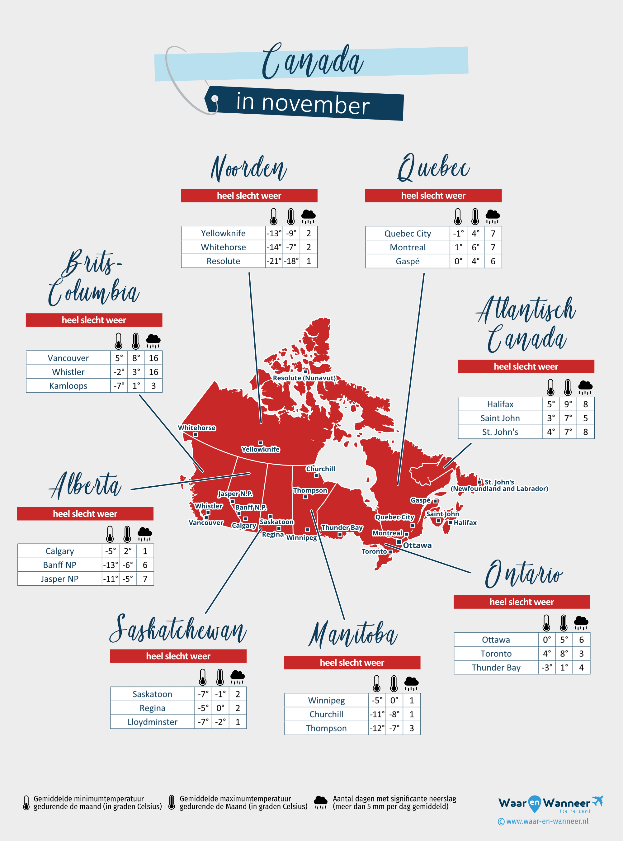 Canada: weerkaart in november in verschillende regio's