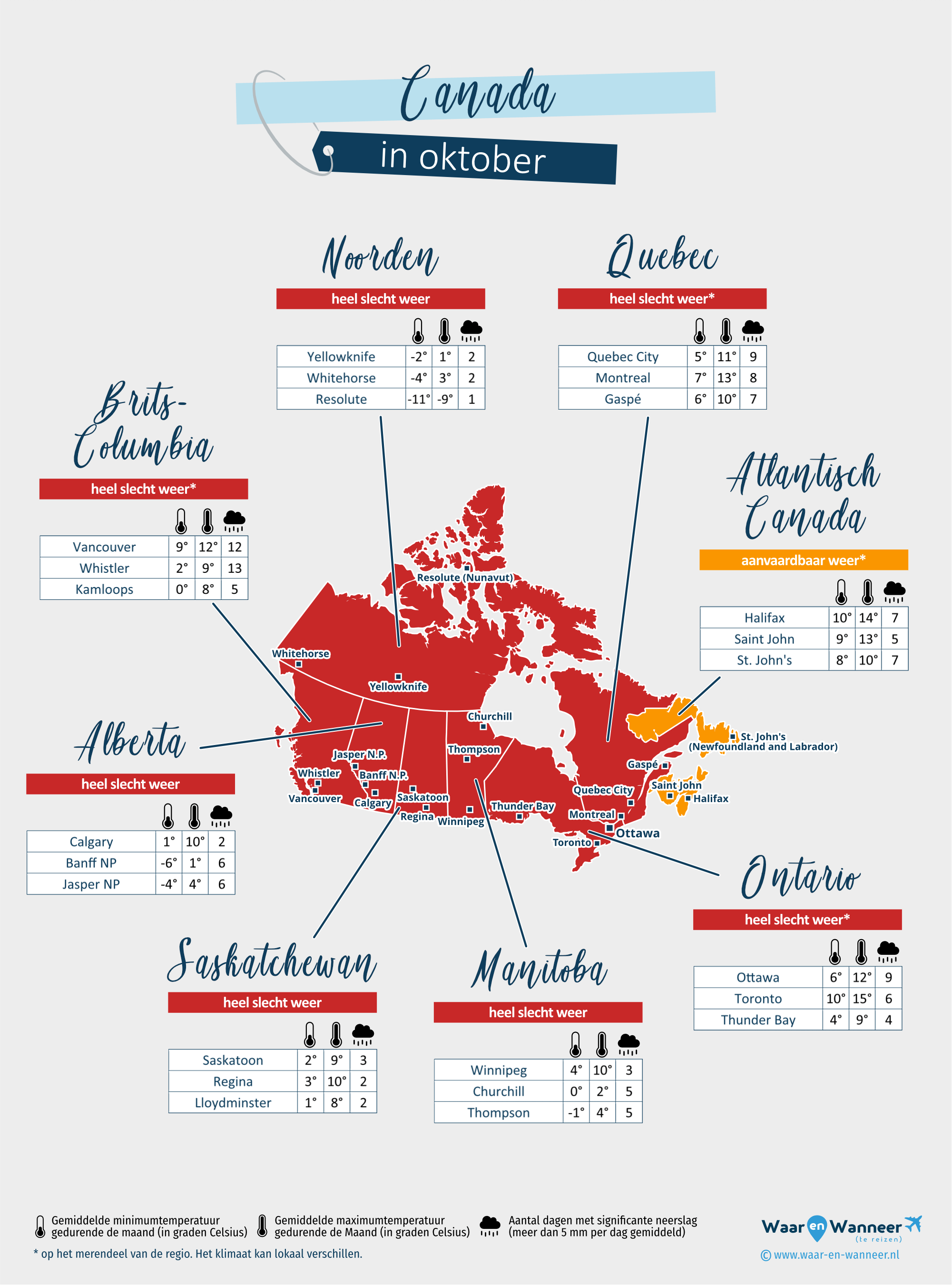 Canada: weerkaart in oktober in verschillende regio's