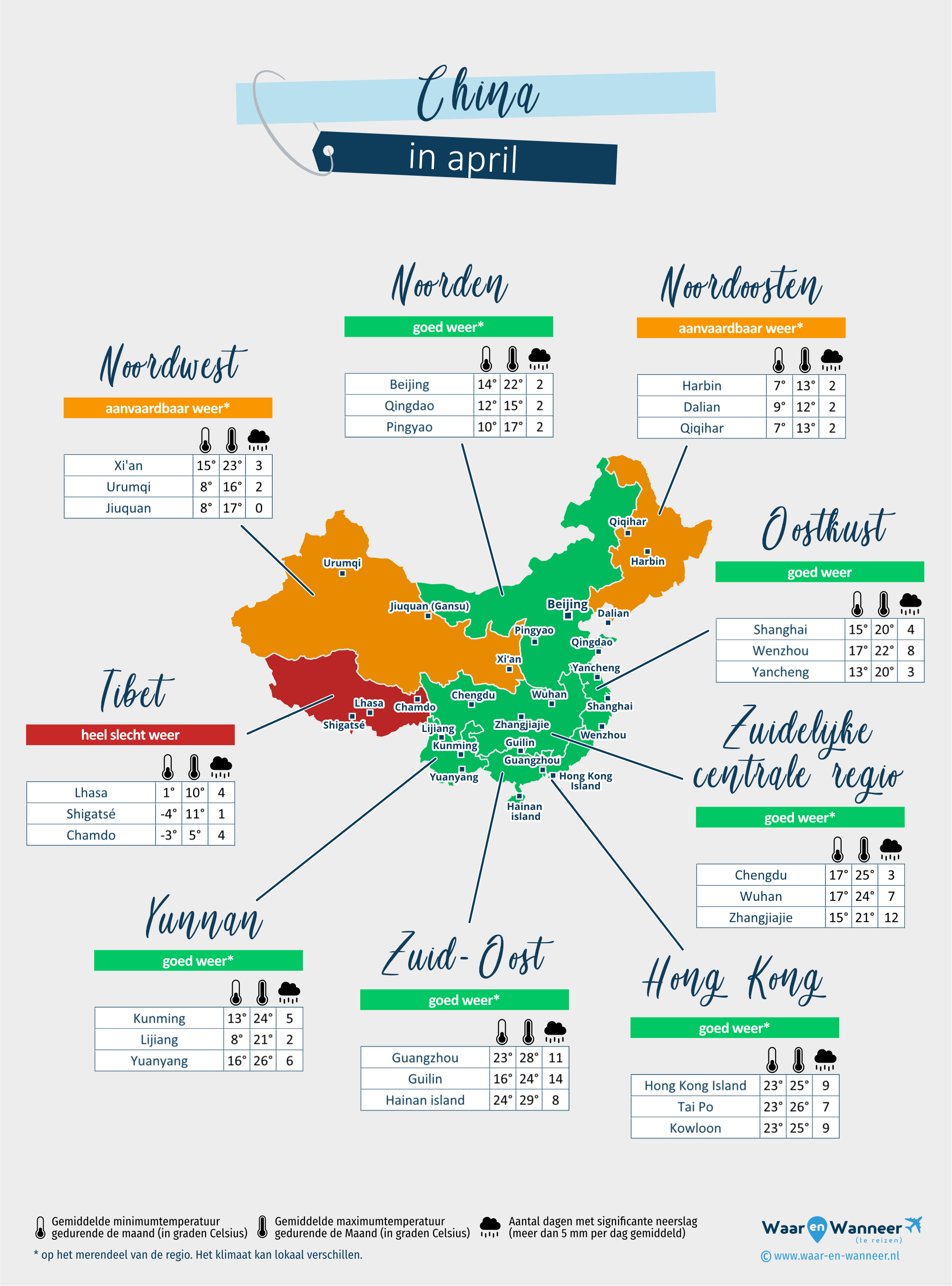 China: weerkaart in april in verschillende regio's