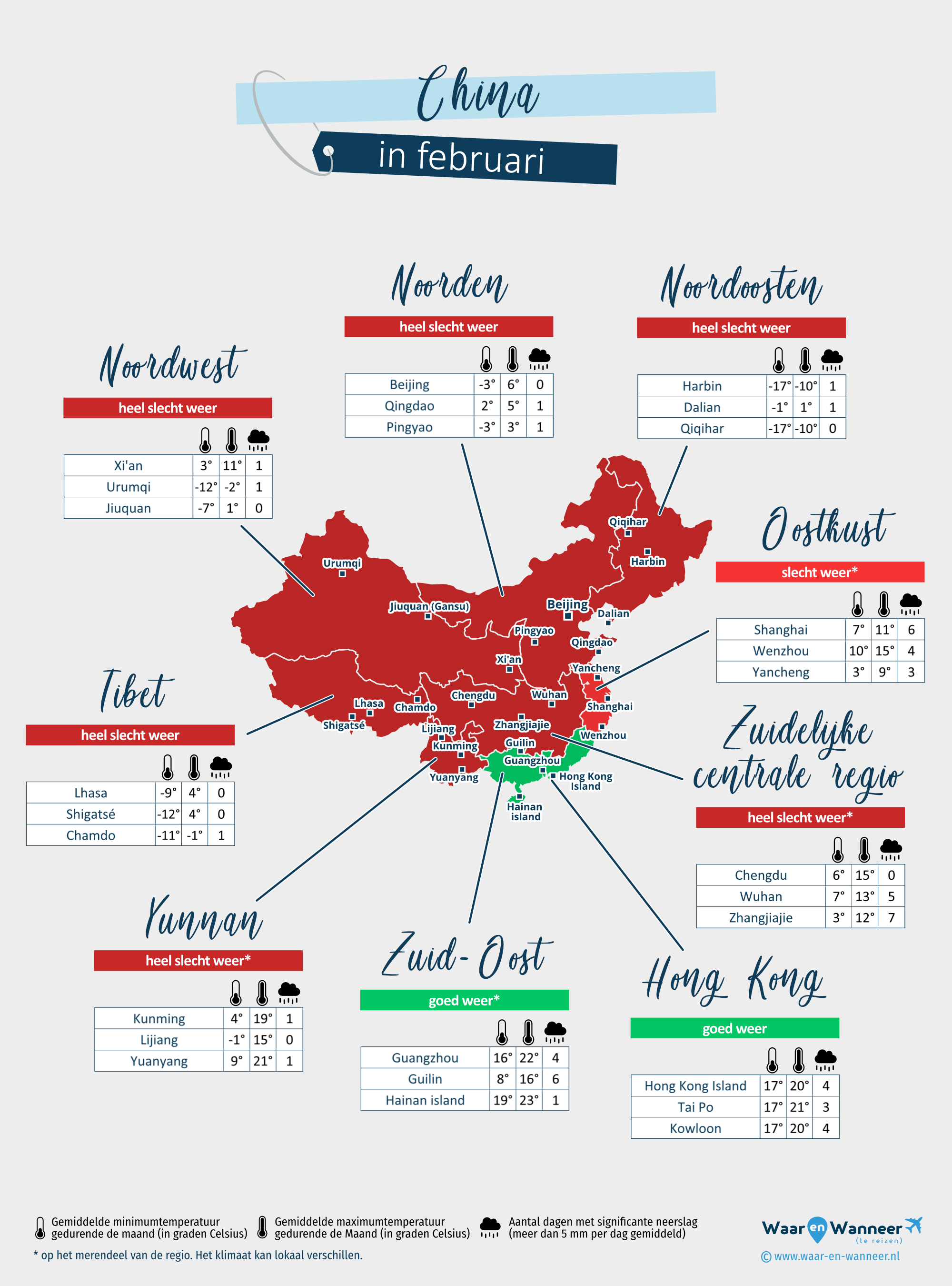 China: weerkaart in februari in verschillende regio's