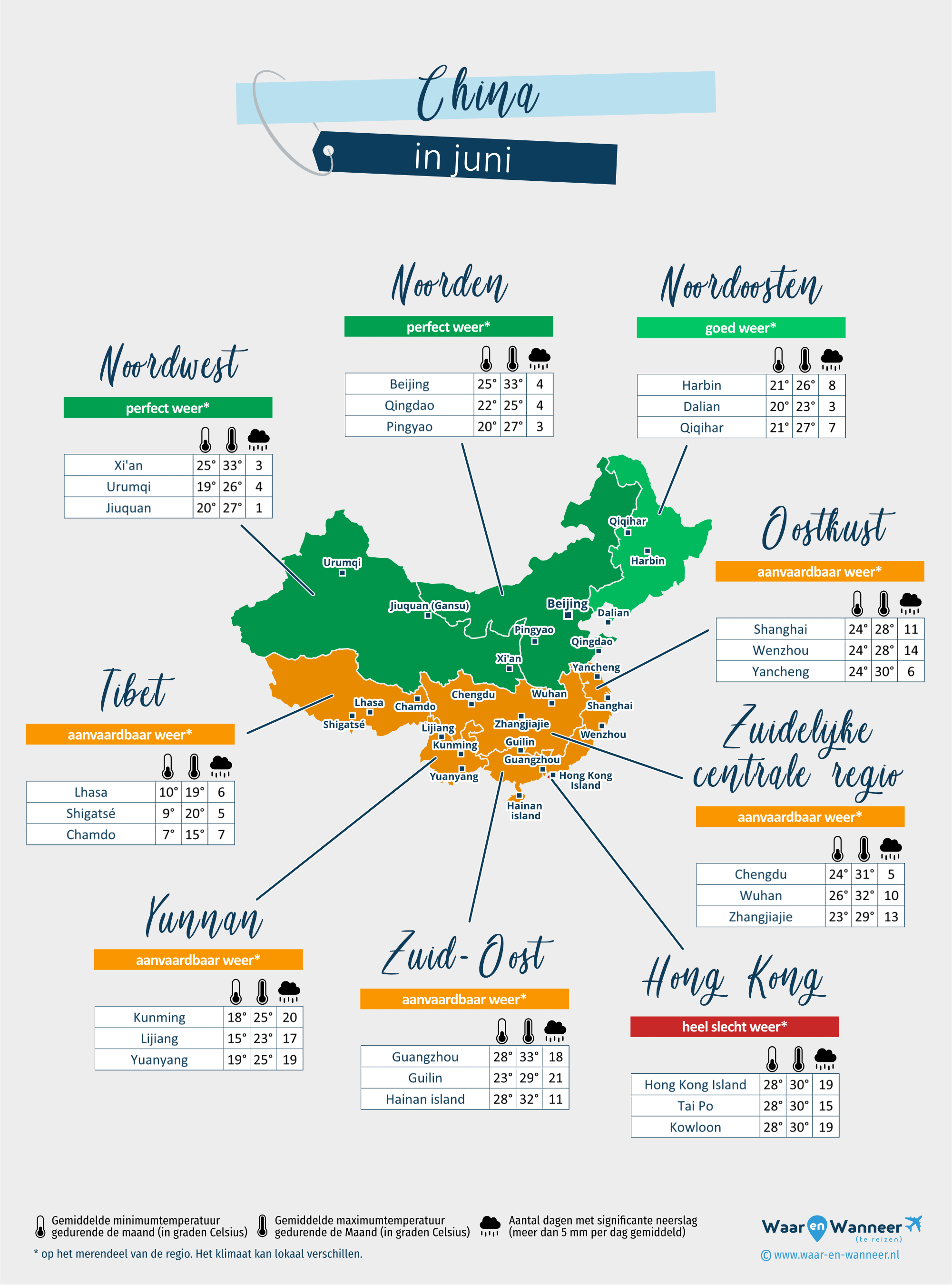 China: weerkaart in juni in verschillende regio's