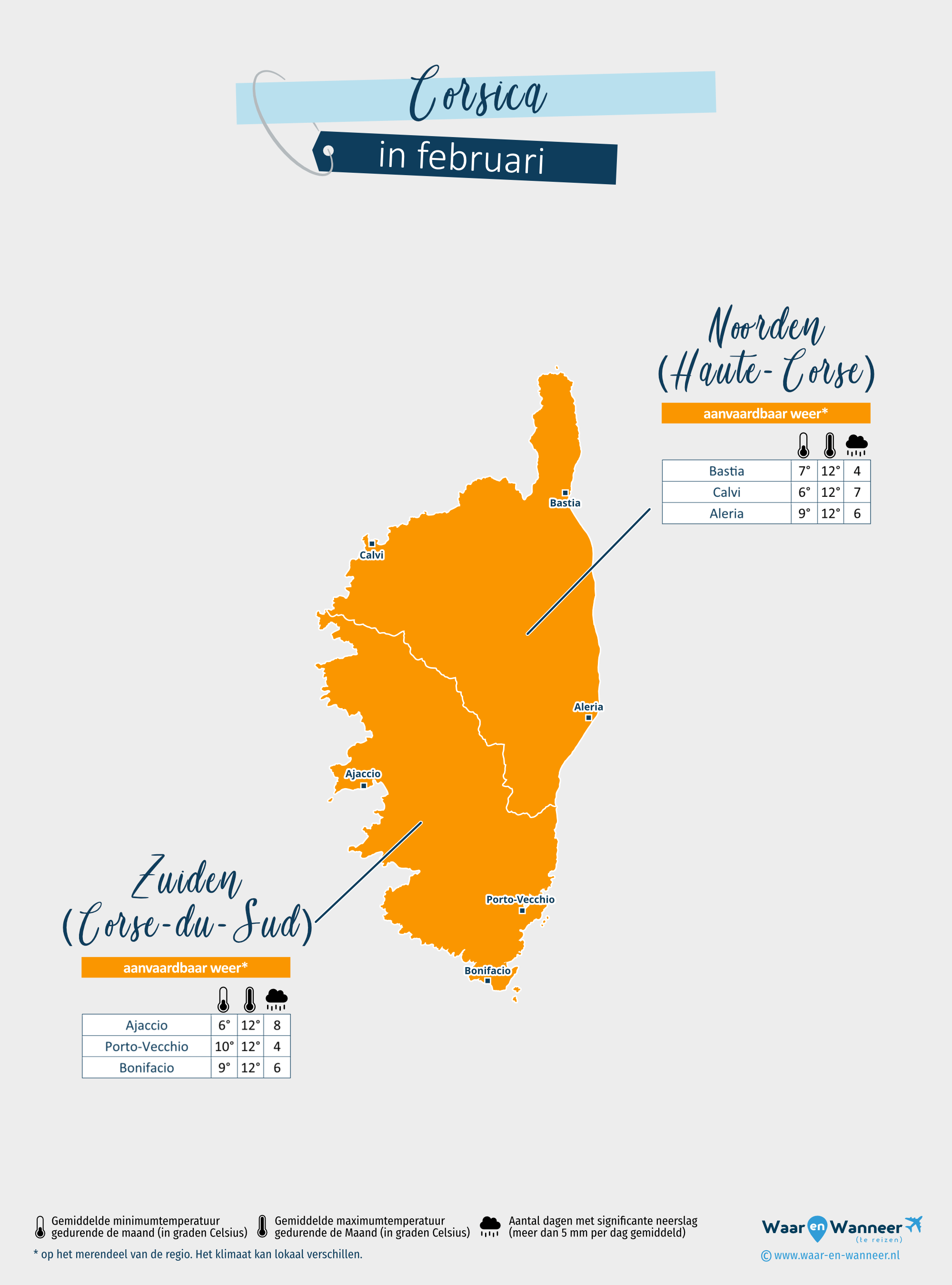 Corsica: weerkaart in februari in verschillende regio's