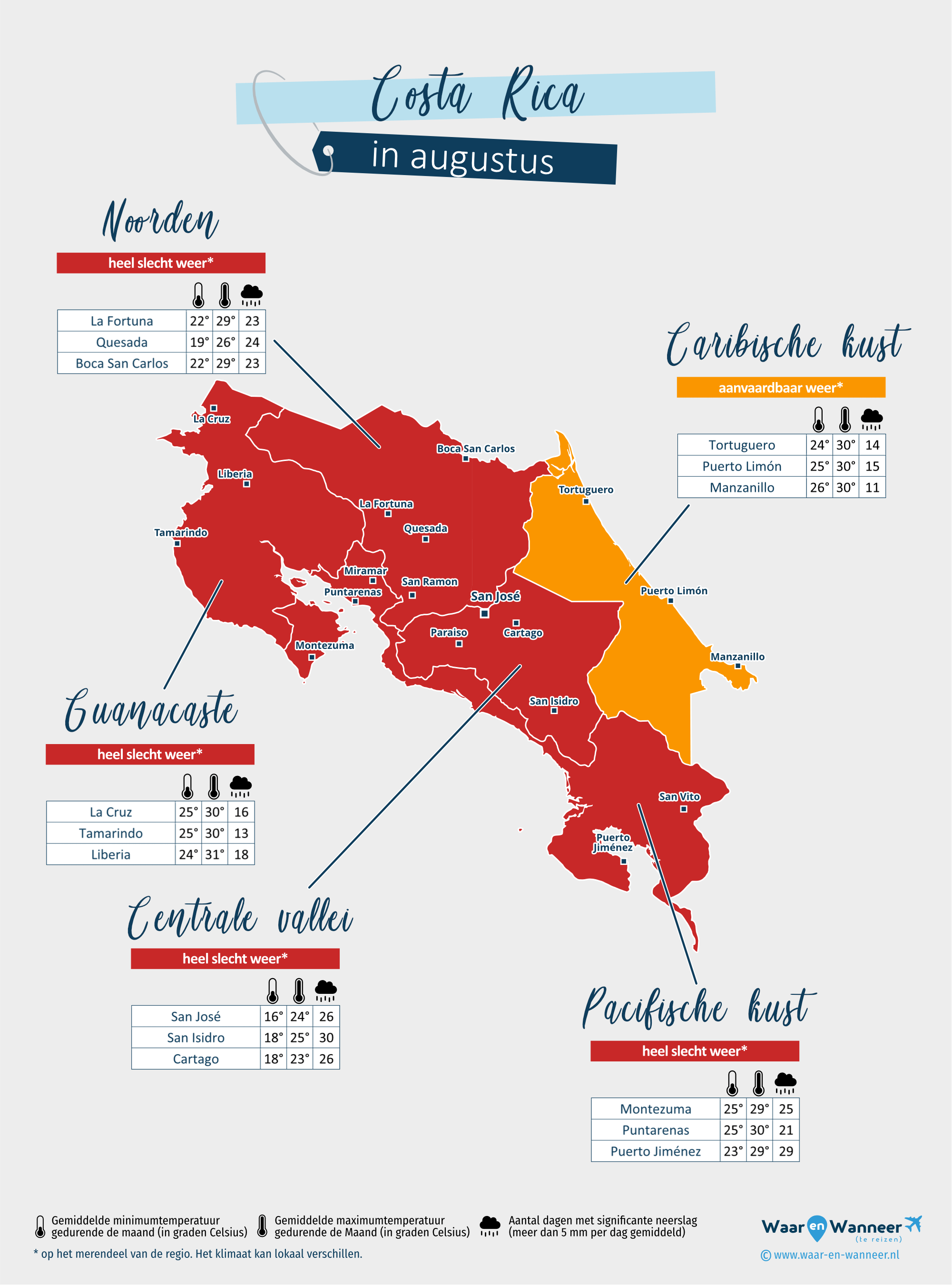 Costa Rica: weerkaart in augustus in verschillende regio's