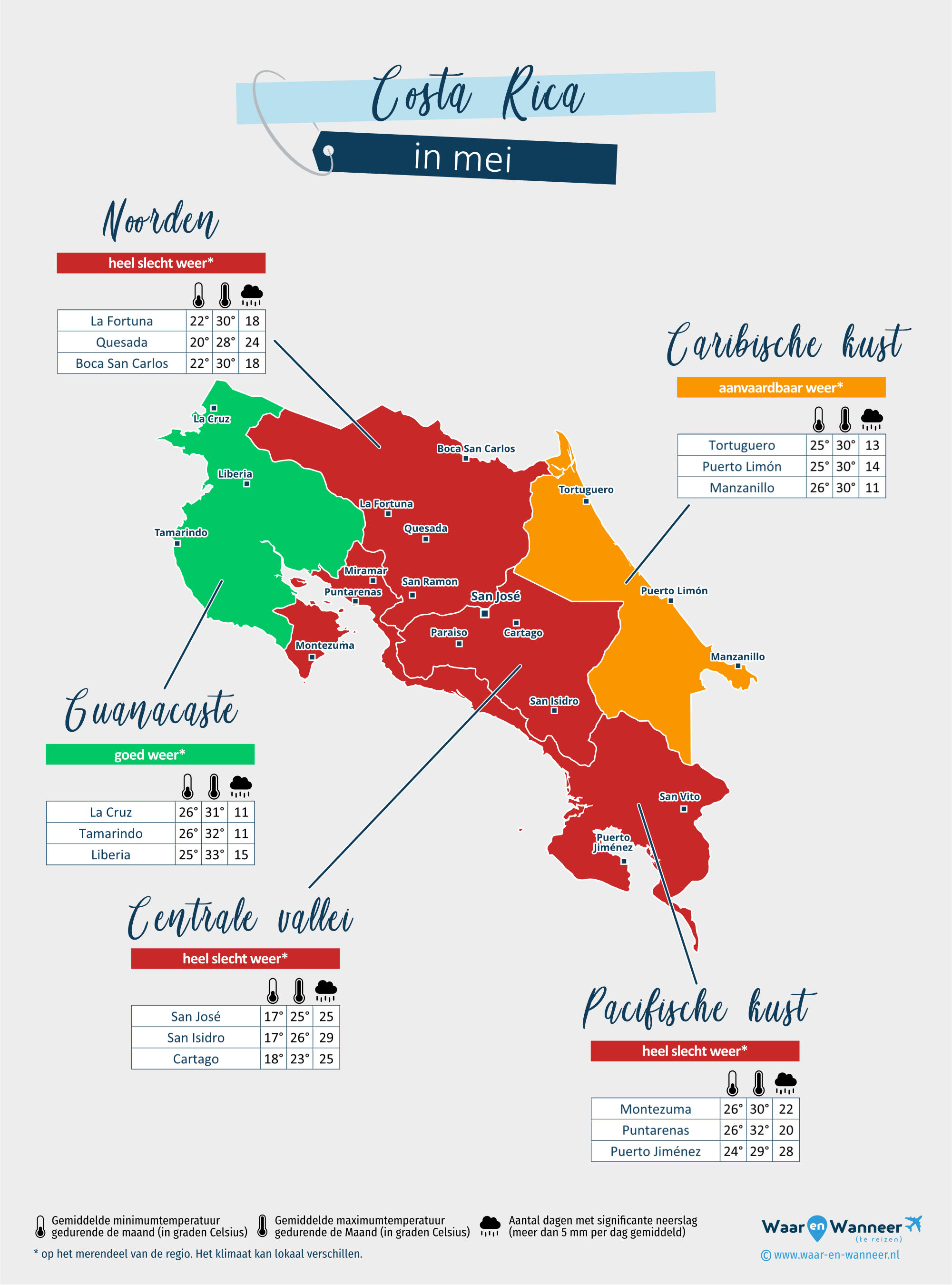 Costa Rica: weerkaart in mei in verschillende regio's