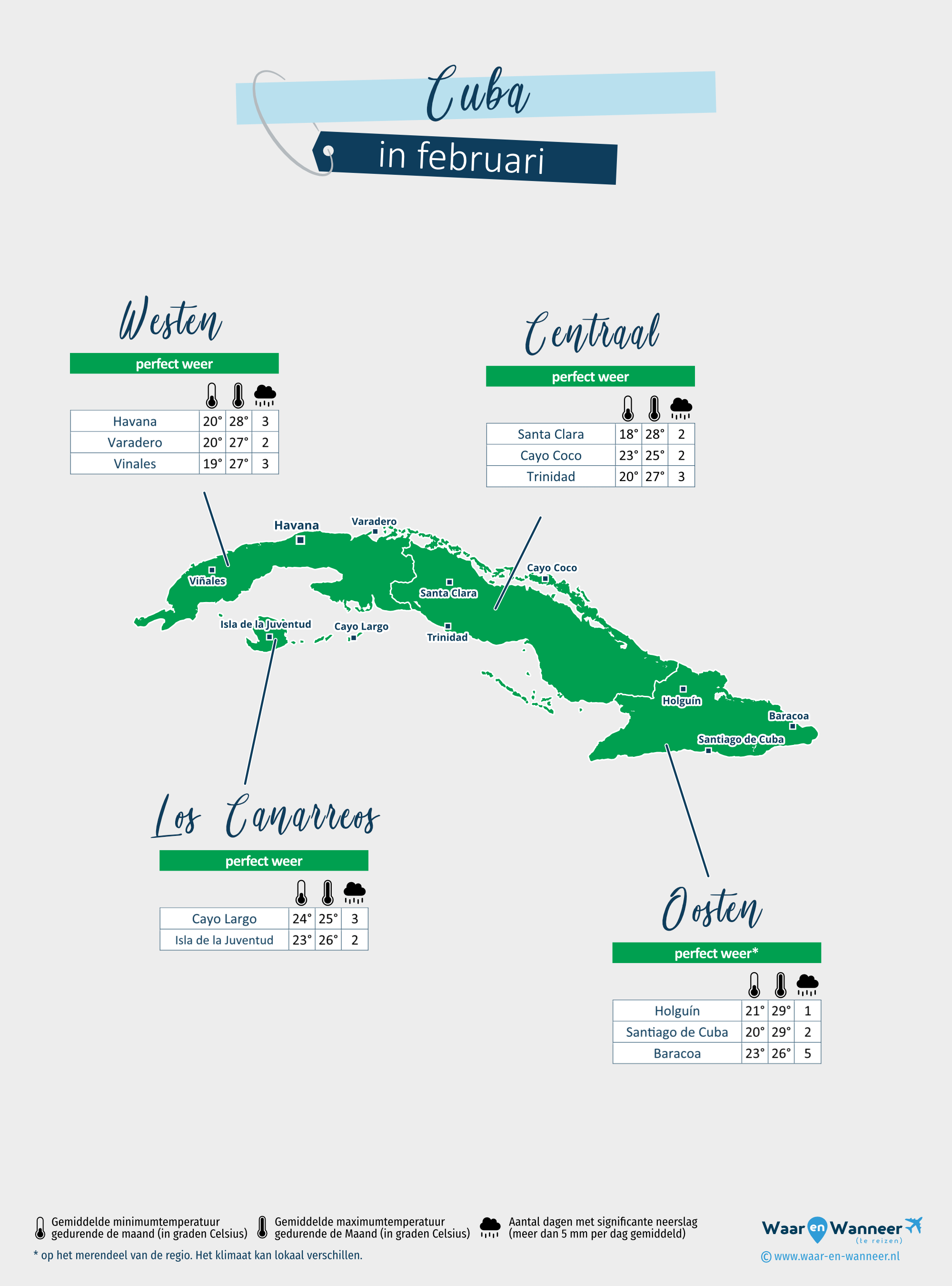 Cuba: weerkaart in februari in verschillende regio's
