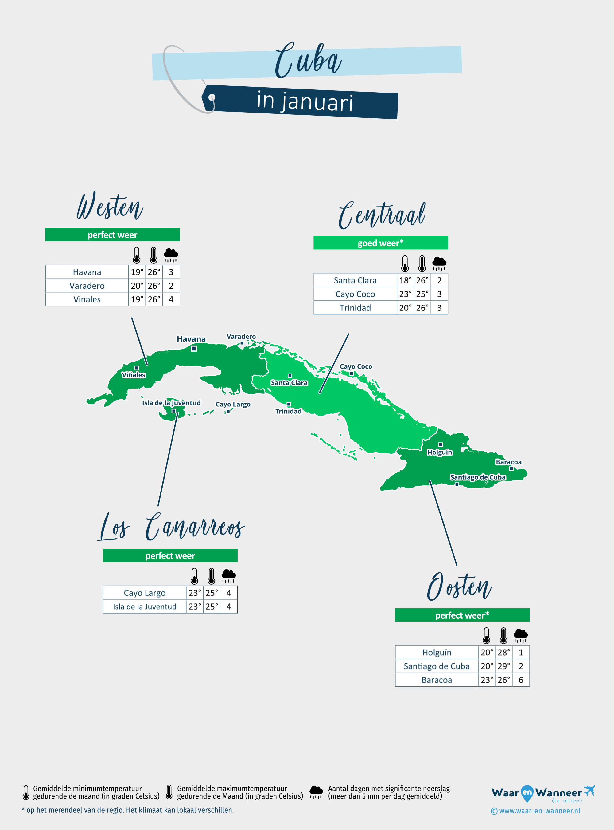Cuba: weerkaart in januari in verschillende regio's