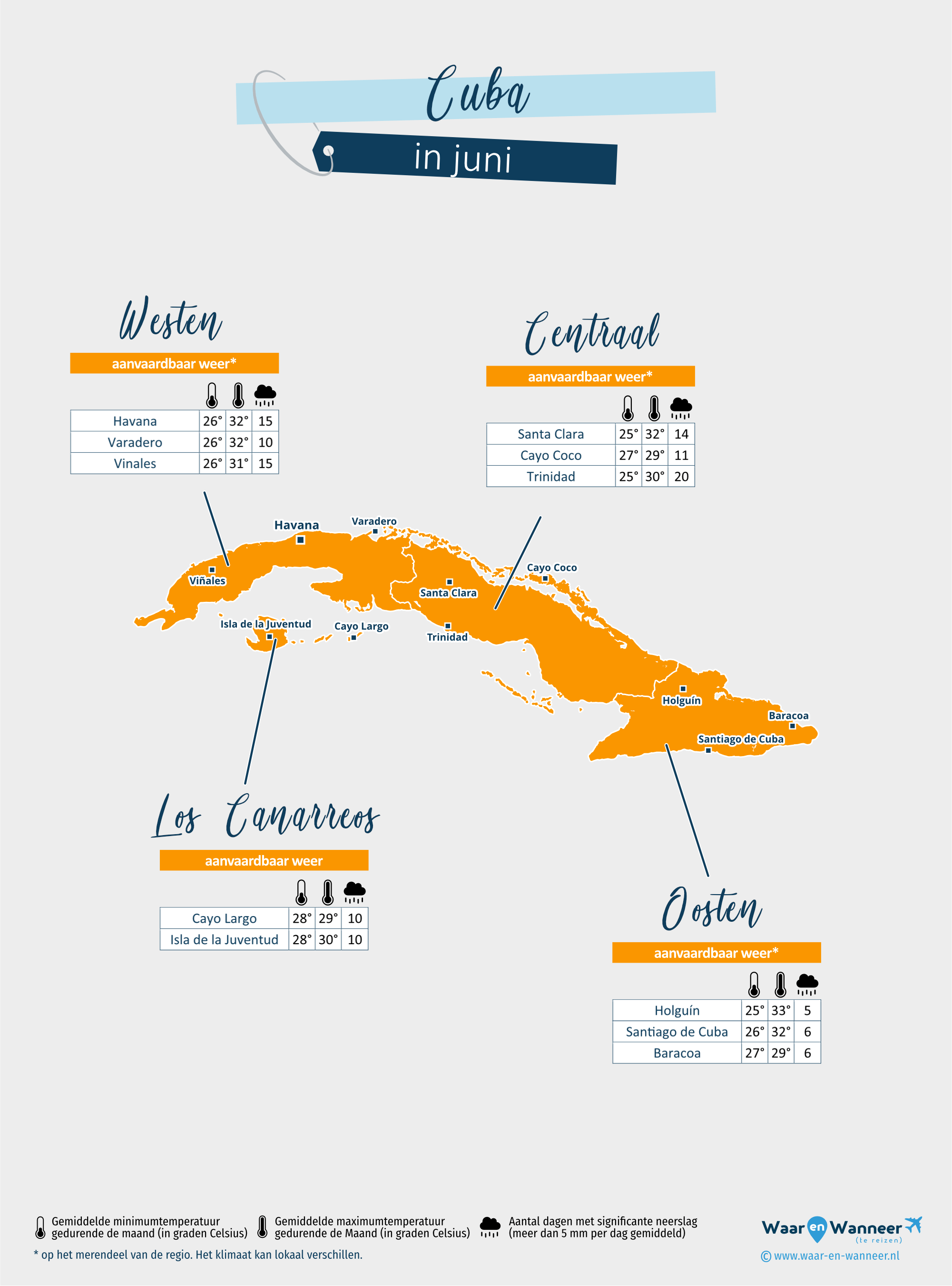 Cuba: weerkaart in juni in verschillende regio's