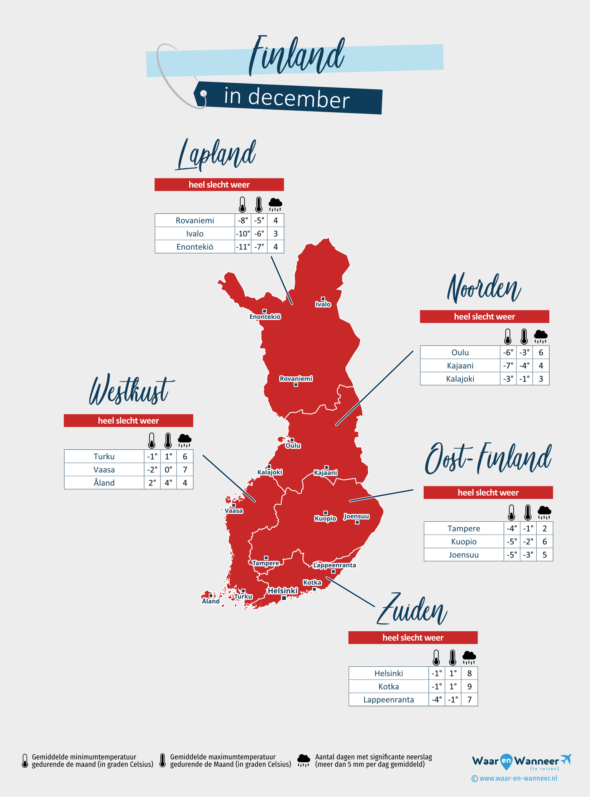 Finland: weerkaart in december in verschillende regio's