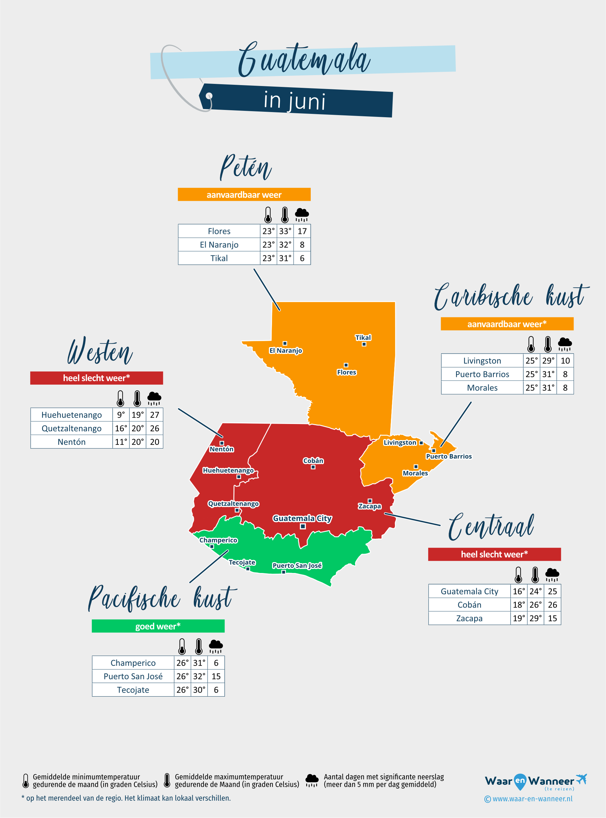 Guatemala: weerkaart in juni in verschillende regio's