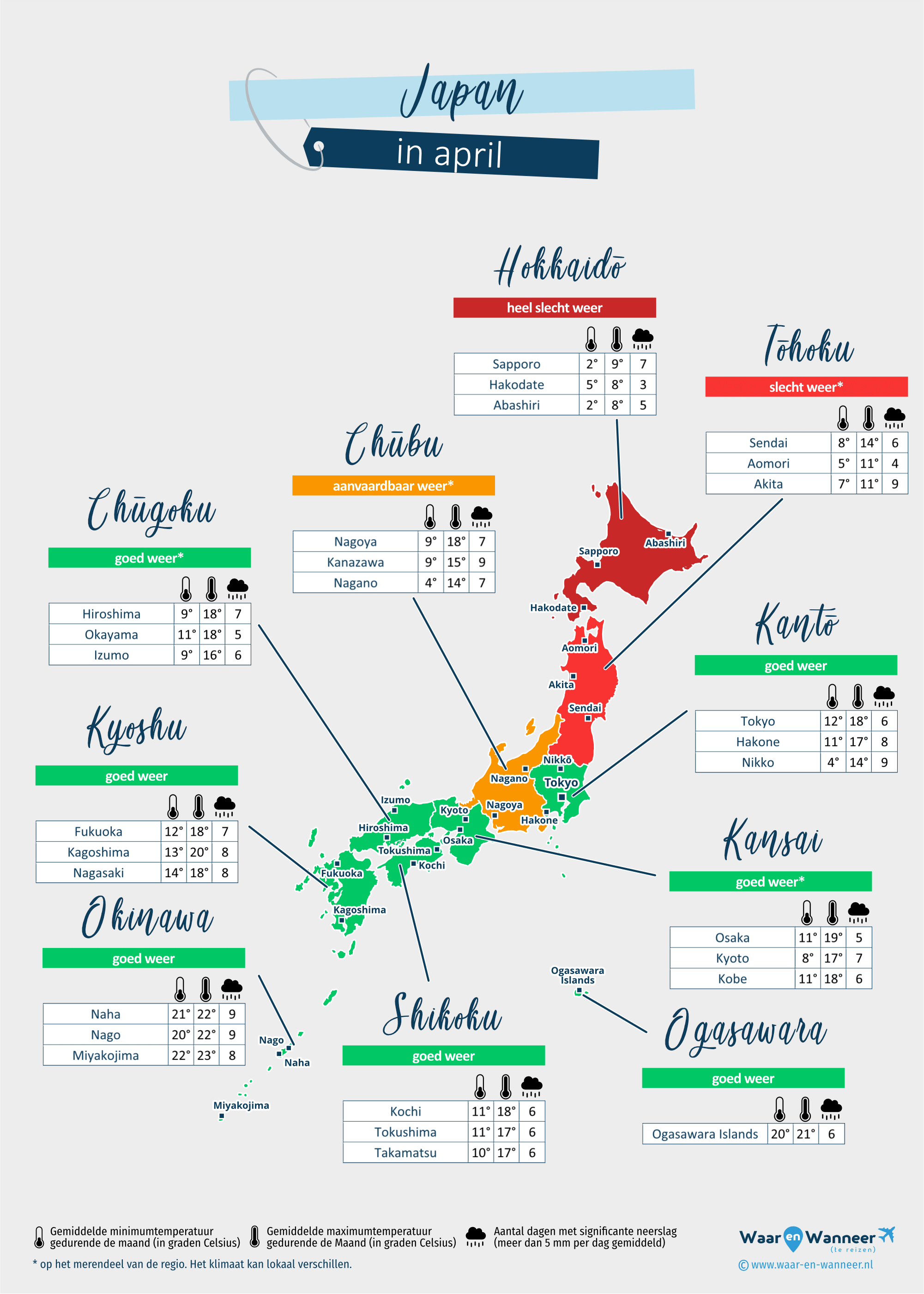 Japan: weerkaart in april in verschillende regio's