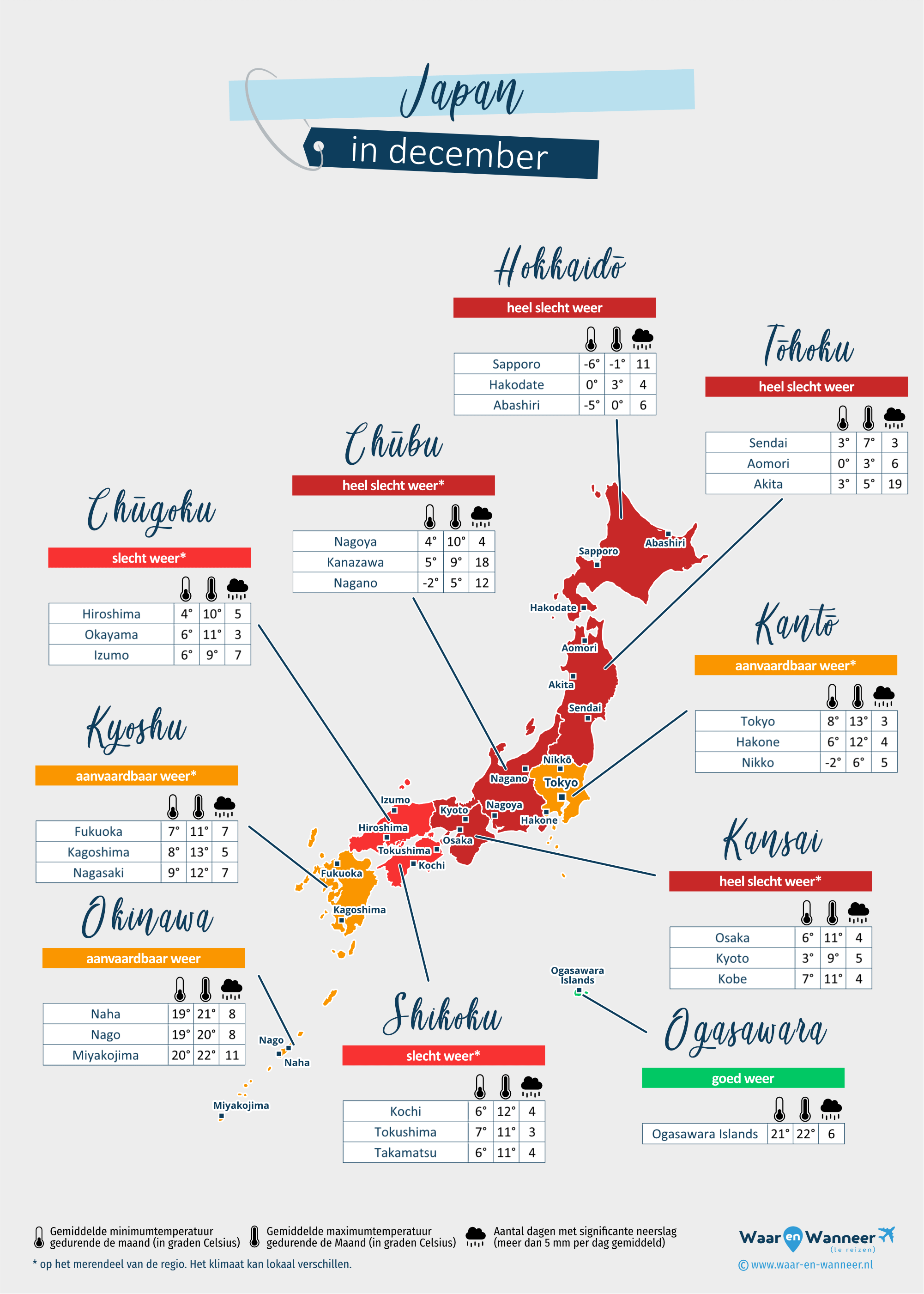 Japan: weerkaart in december in verschillende regio's