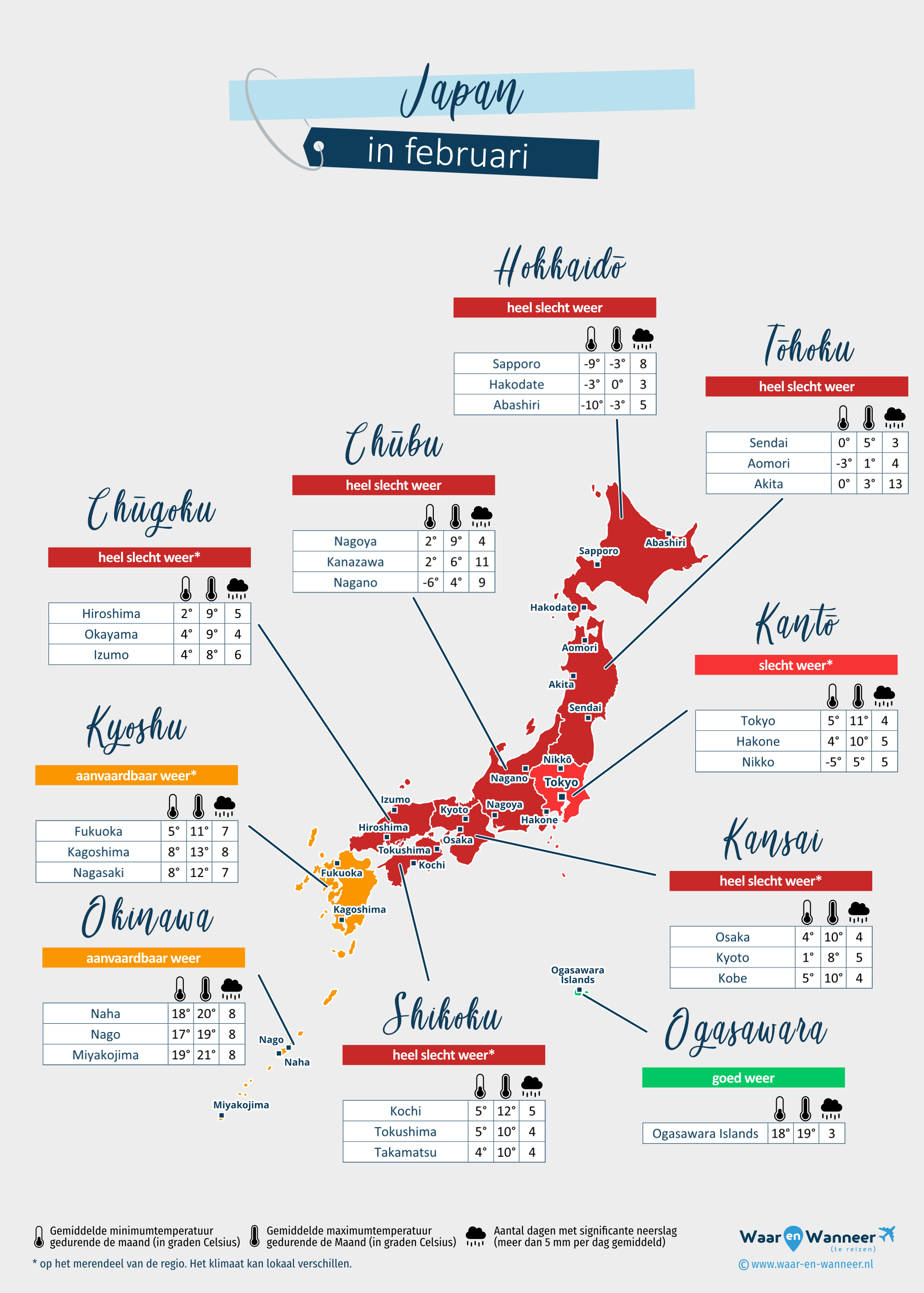 Japan: weerkaart in februari in verschillende regio's