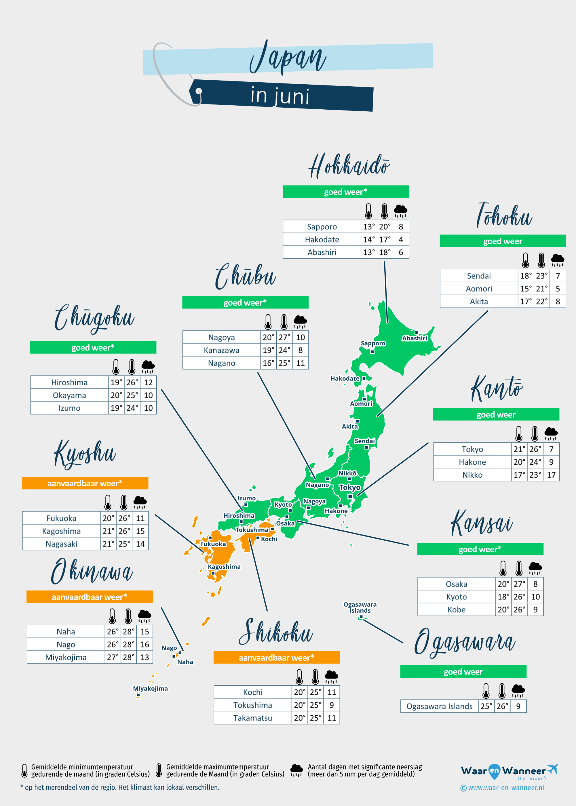 Japan: weerkaart in juni in verschillende regio's