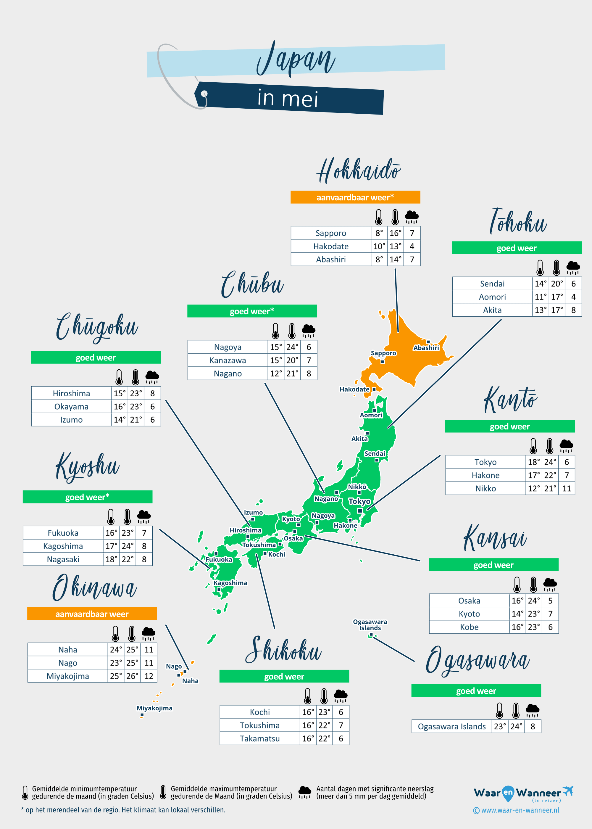 Japan: weerkaart in mei in verschillende regio's