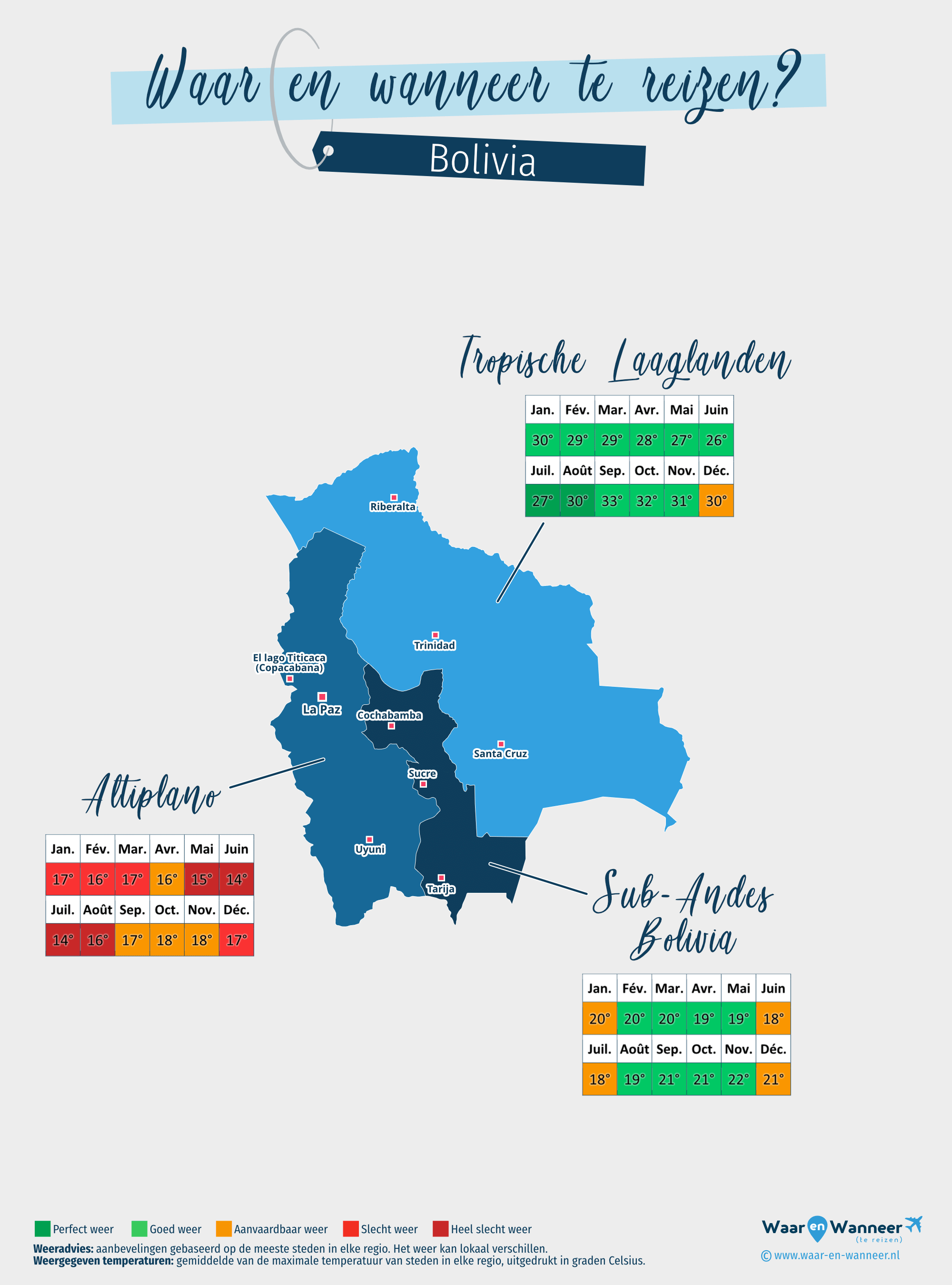 Kaart van de beste periodes om naar Bolivia te reizen
