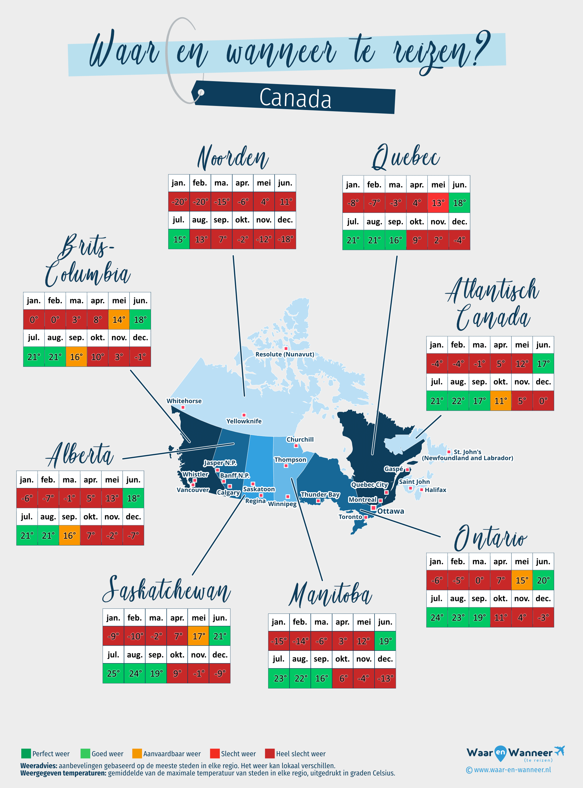 Kaart van de beste periodes om naar Canada te reizen