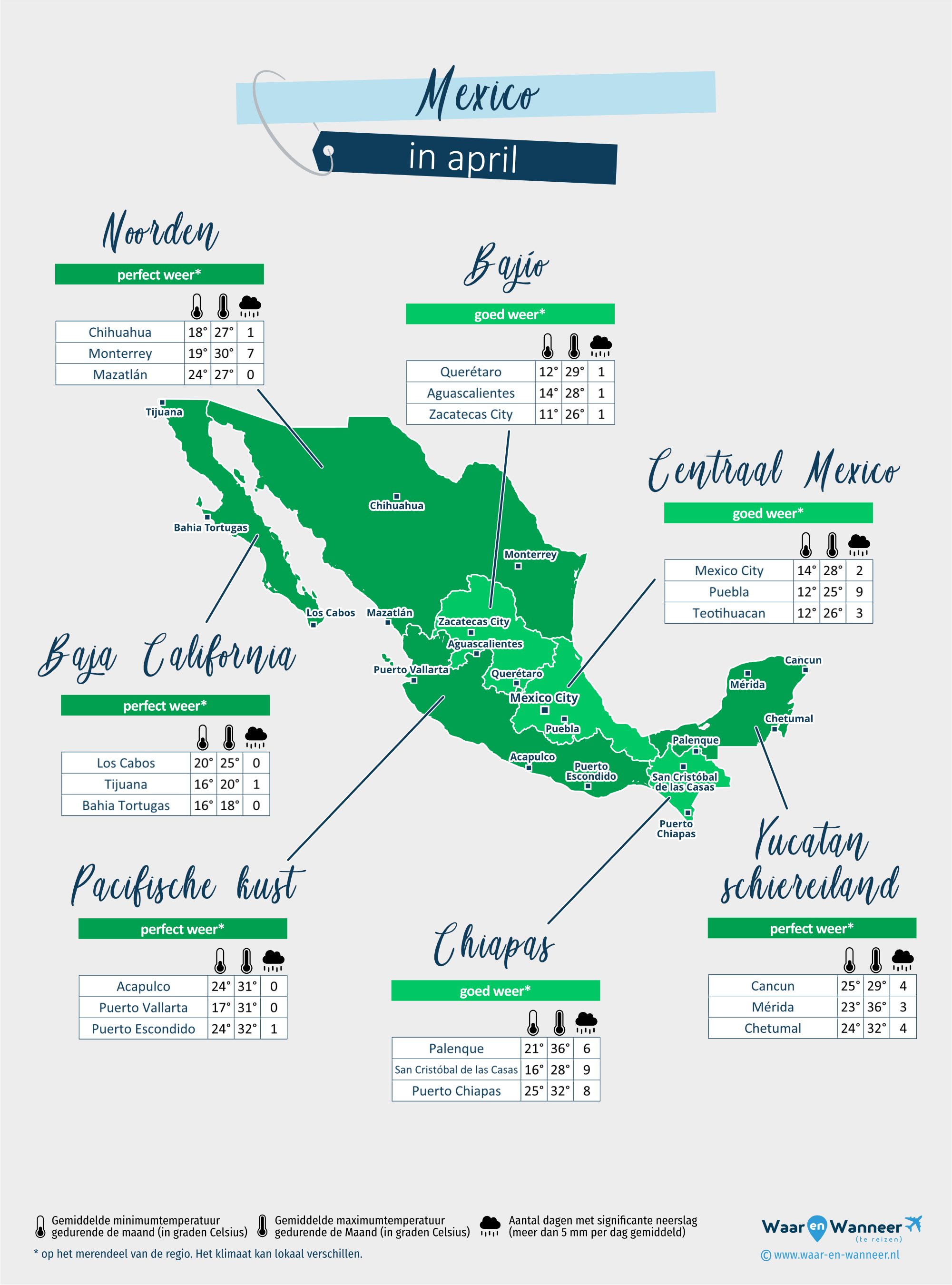 Mexico: weerkaart in april in verschillende regio's