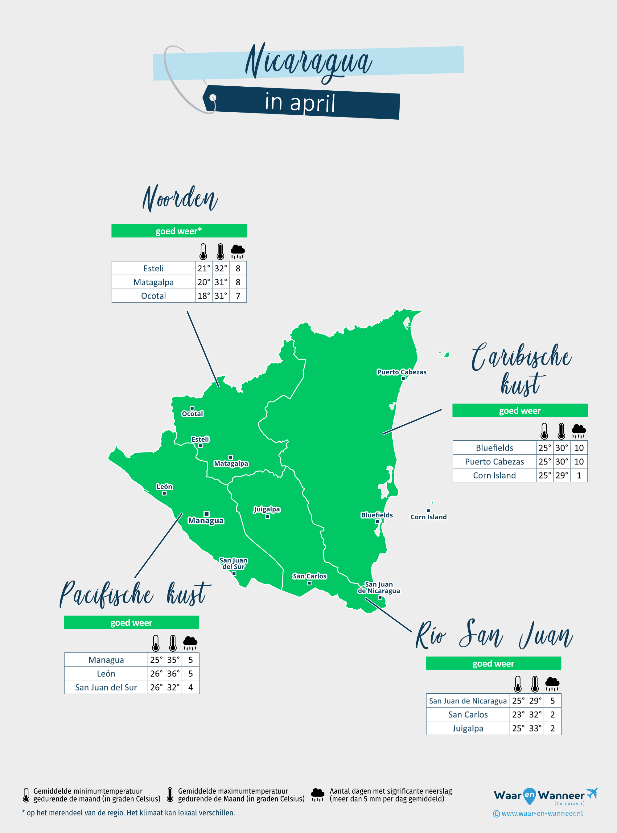Nicaragua: weerkaart in april in verschillende regio's