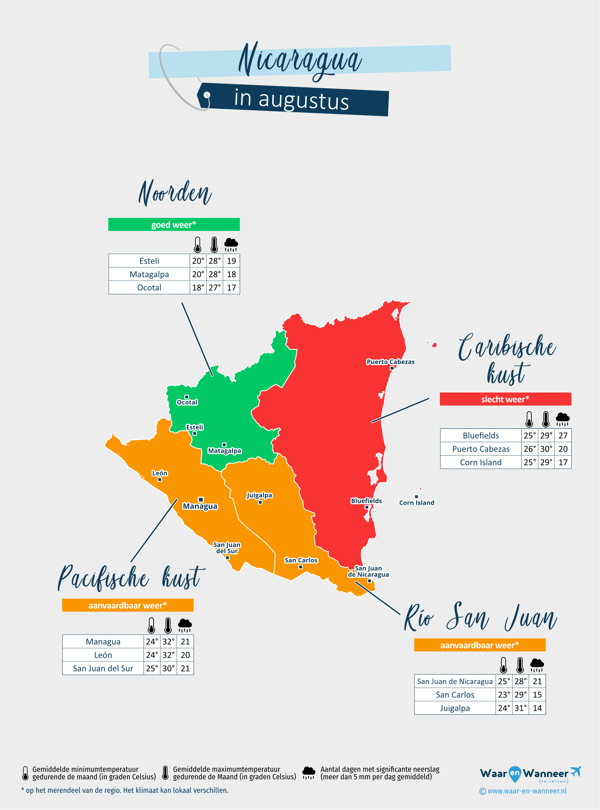 Nicaragua: weerkaart in augustus in verschillende regio's
