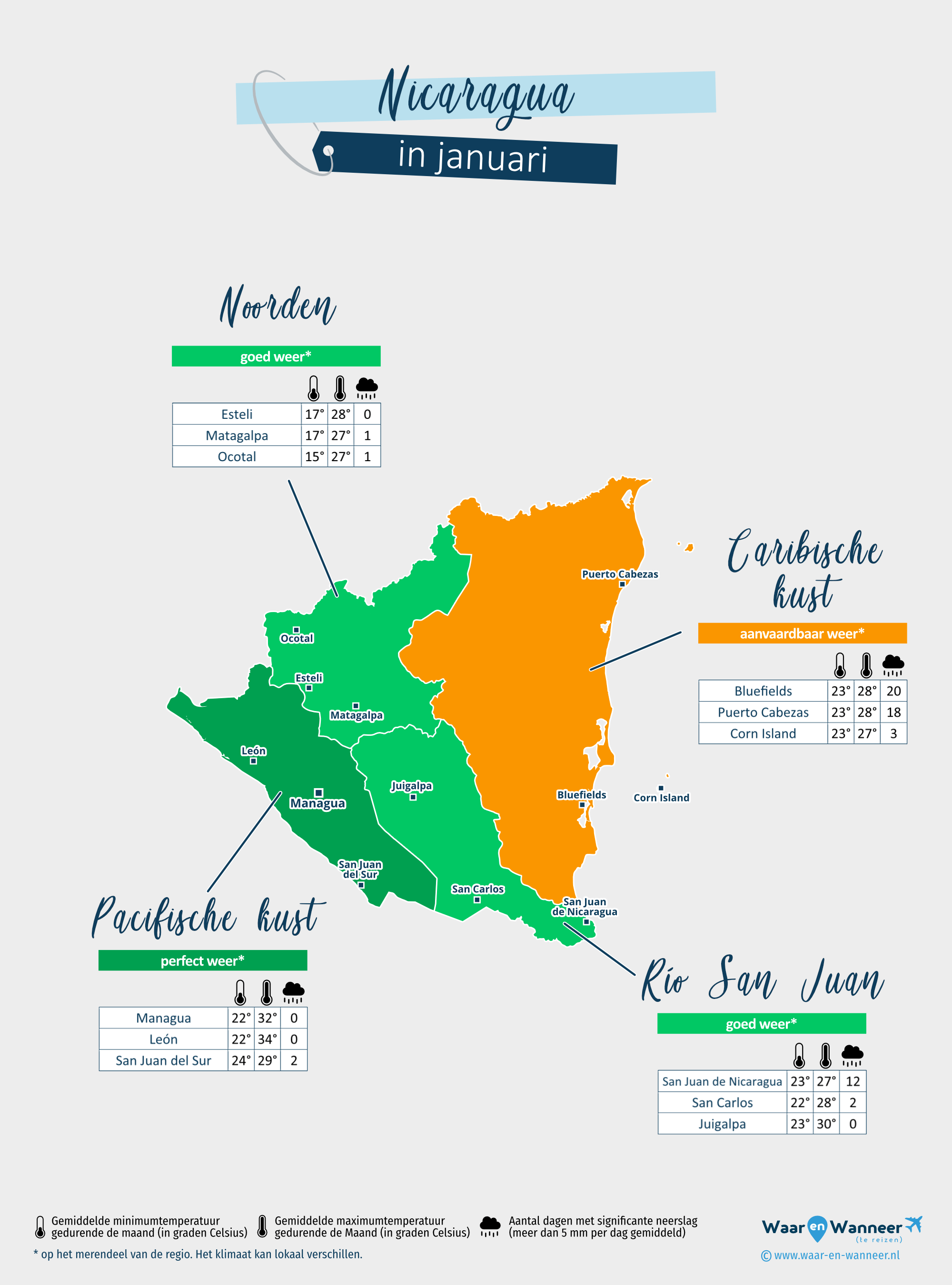 Nicaragua: weerkaart in januari in verschillende regio's