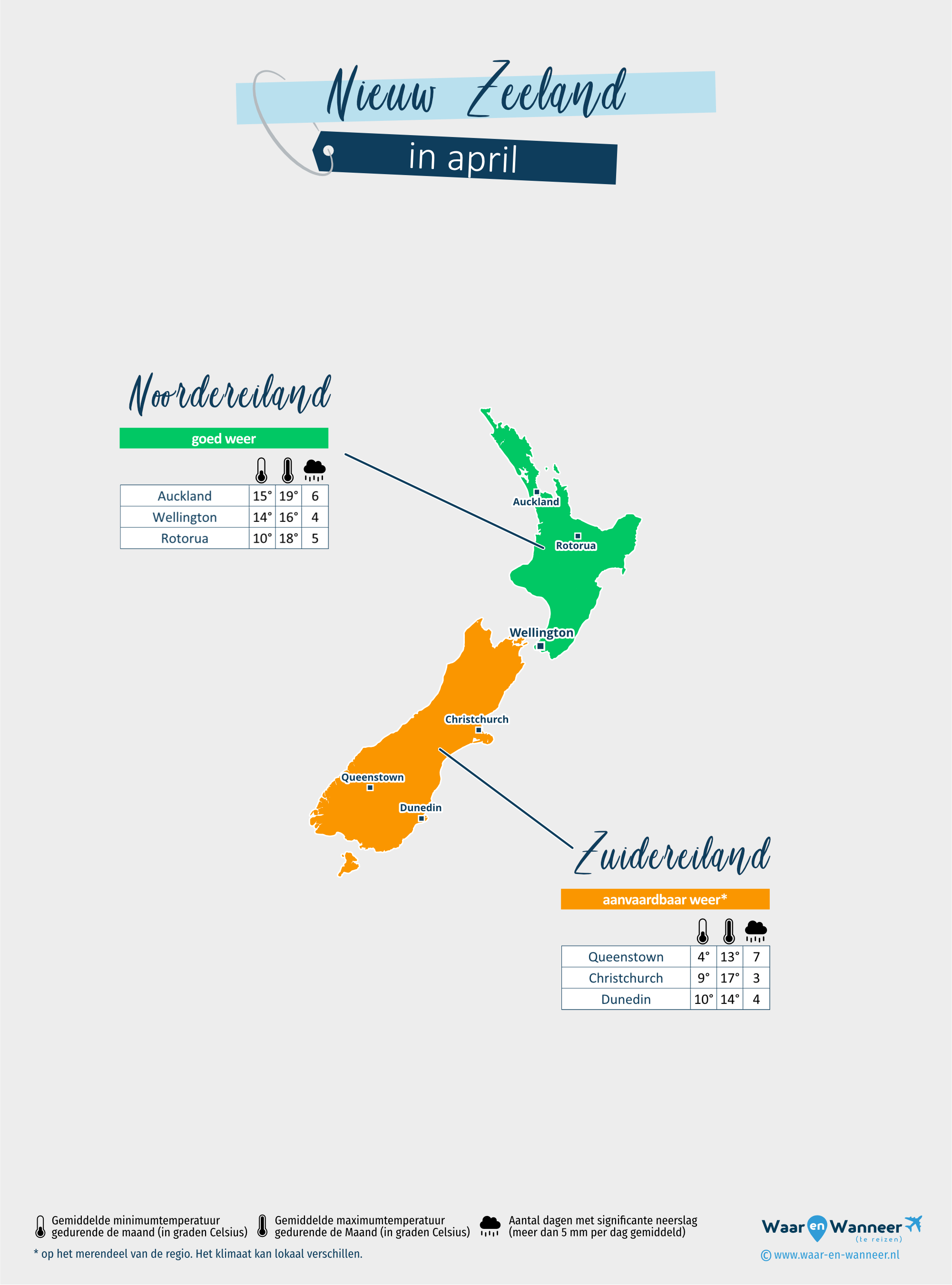 Nieuw Zeeland: weerkaart in april in verschillende regio's