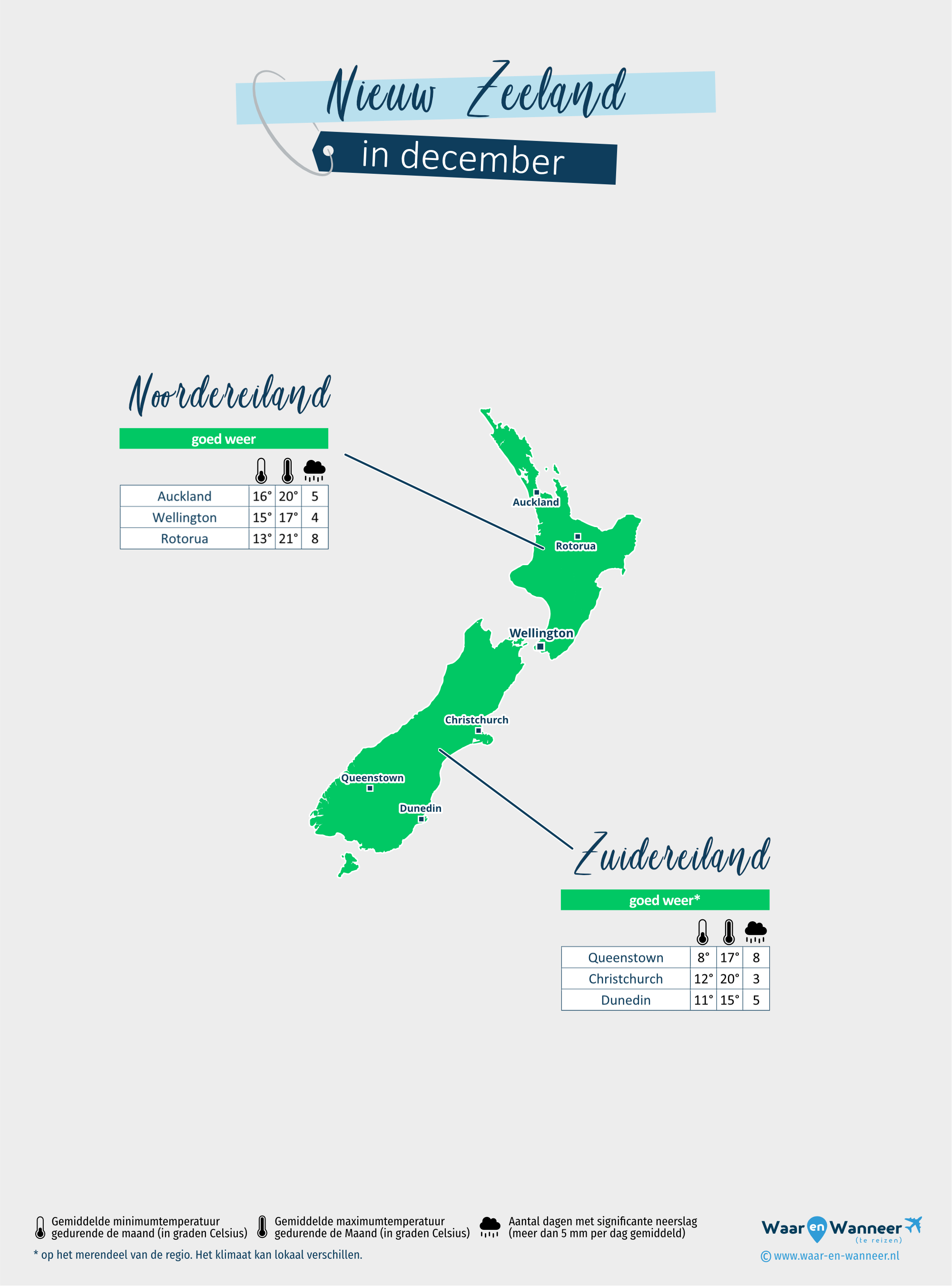 Nieuw Zeeland: weerkaart in december in verschillende regio's