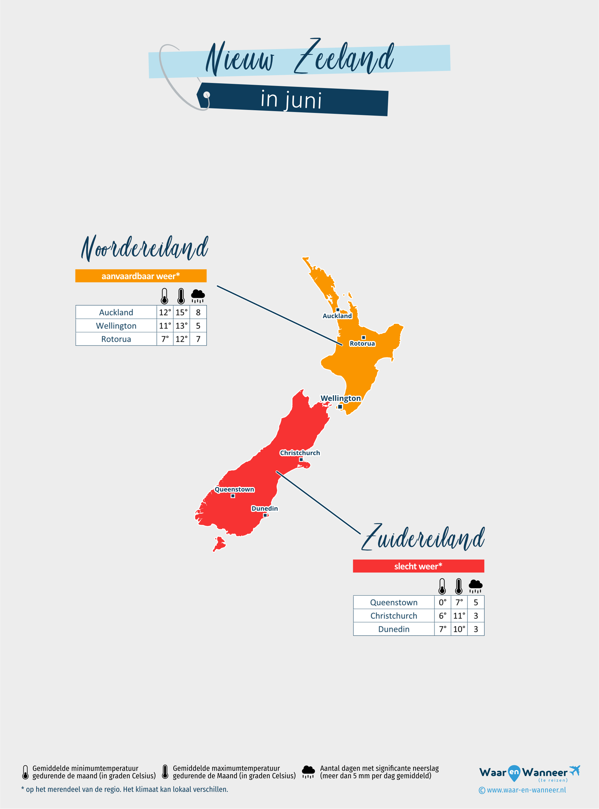 Nieuw Zeeland: weerkaart in juni in verschillende regio's