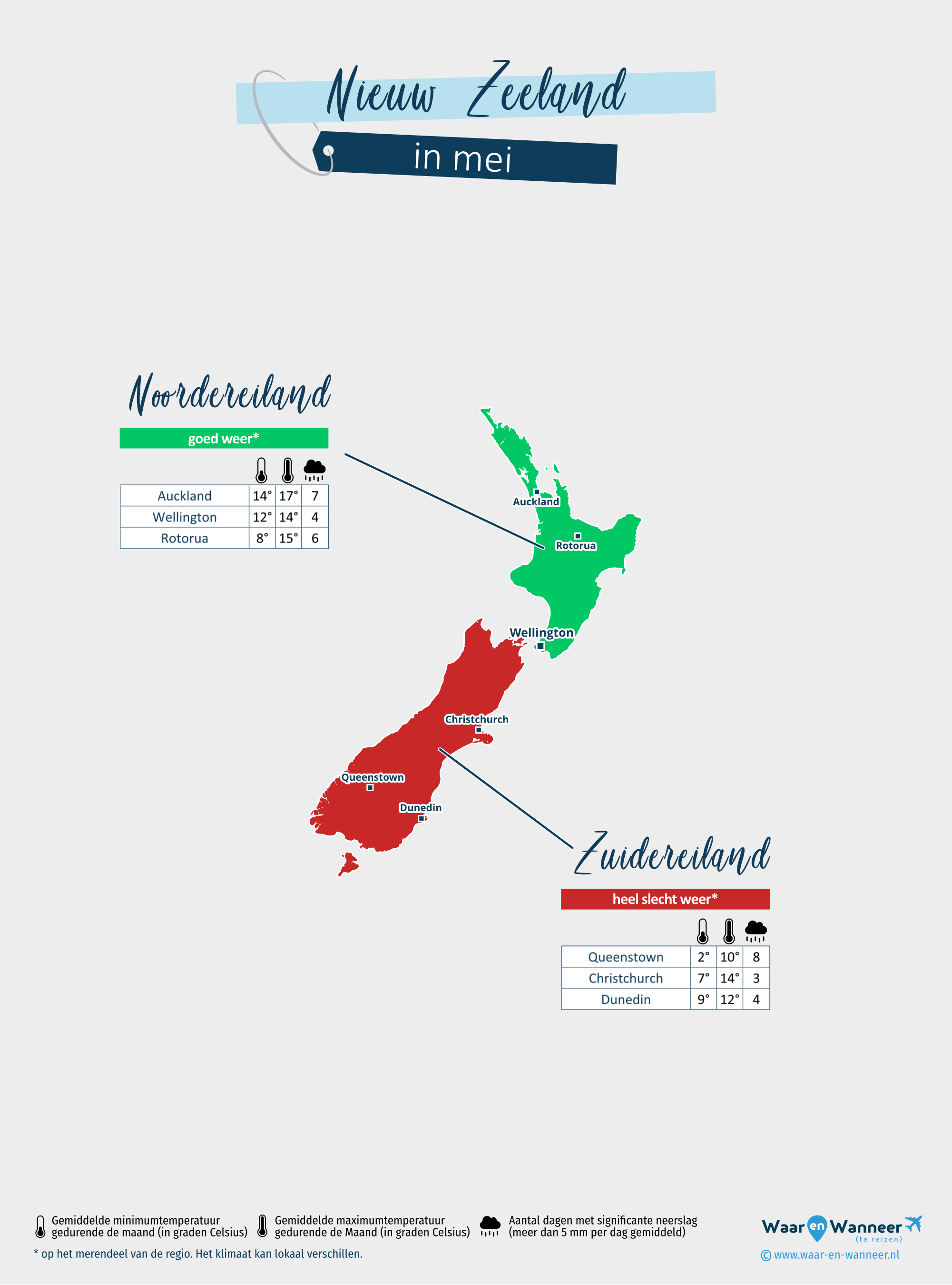 Nieuw Zeeland: weerkaart in mei in verschillende regio's