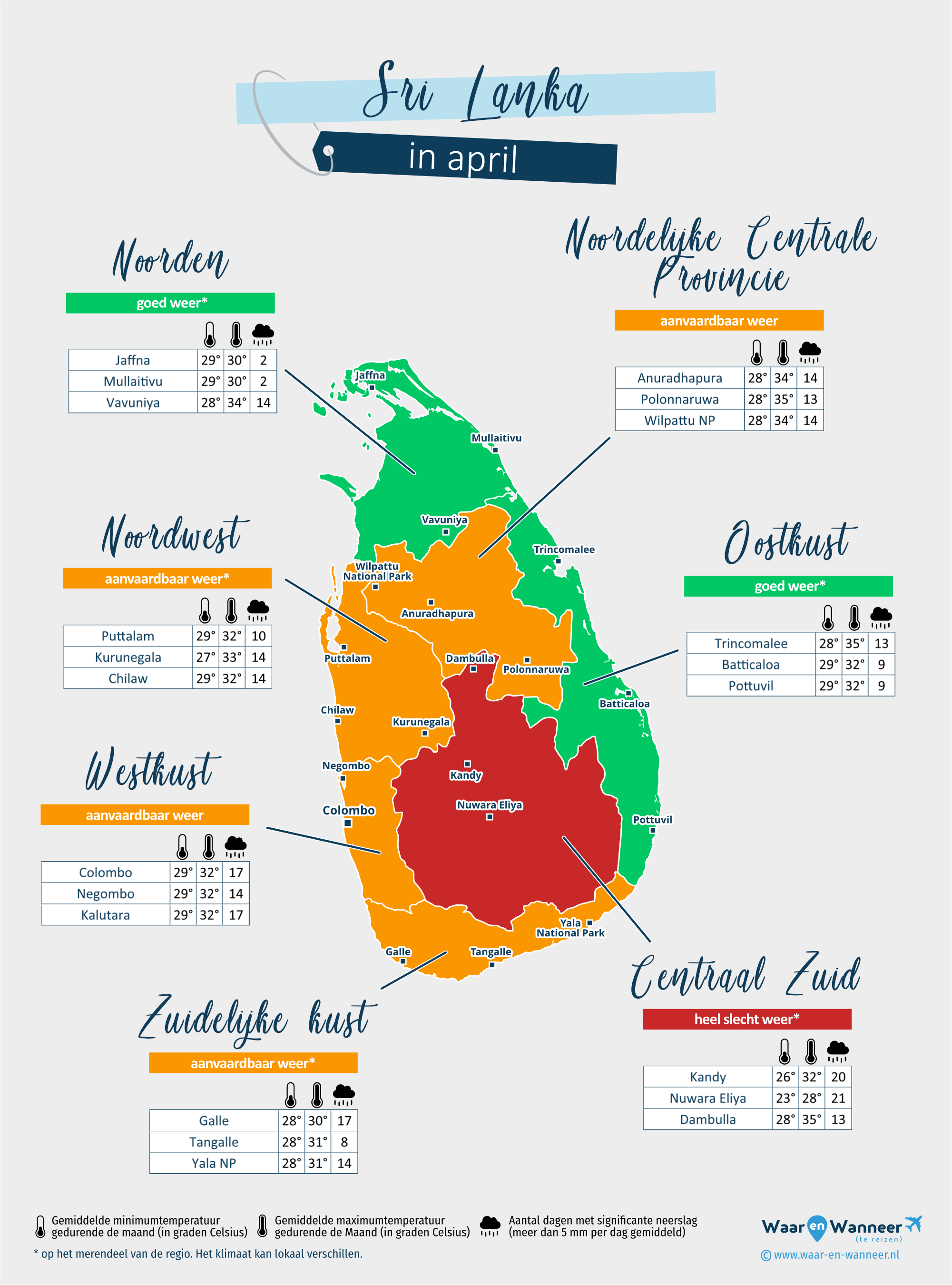 Sri Lanka: weerkaart in april in verschillende regio's