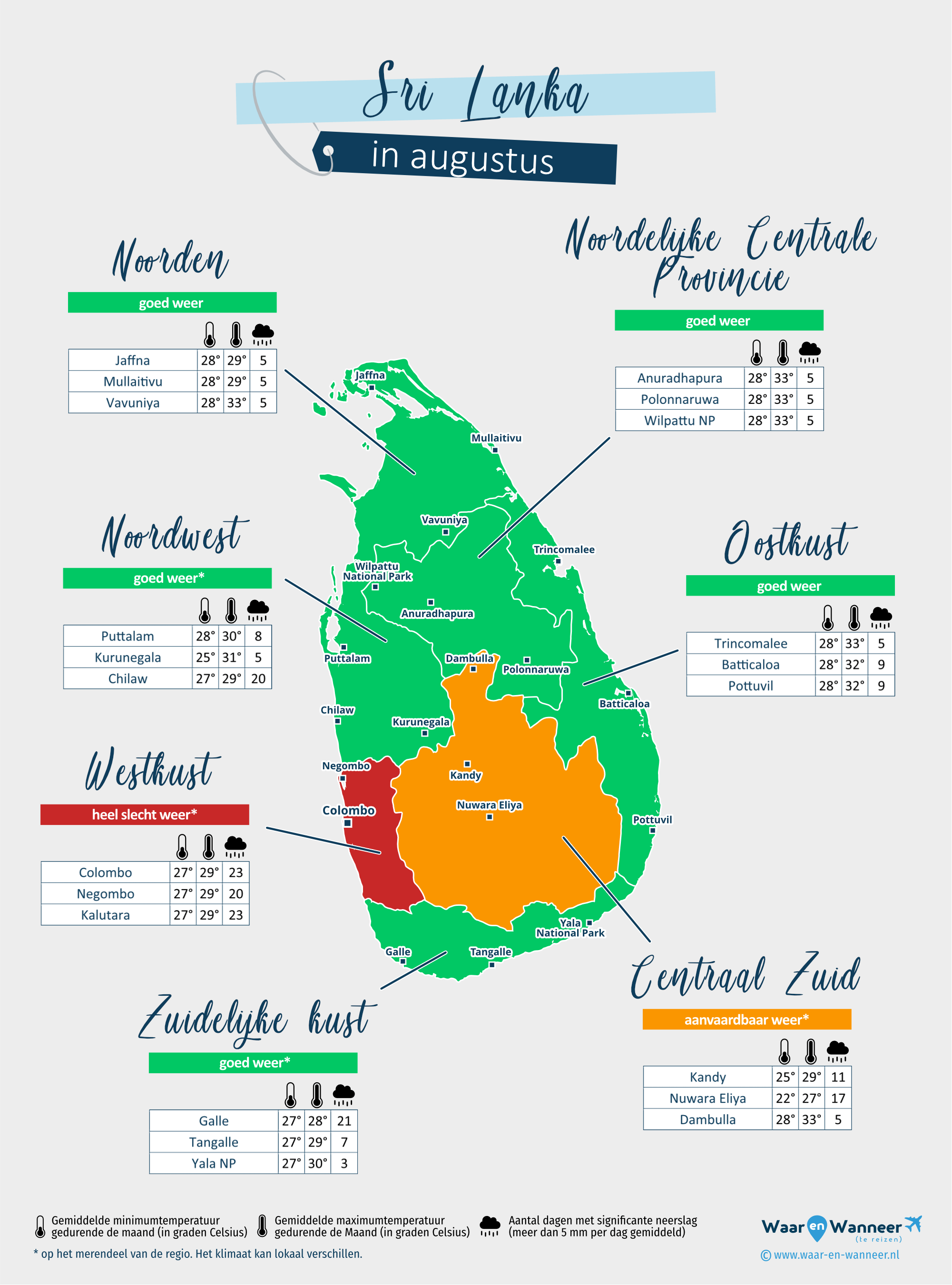 Sri Lanka: weerkaart in augustus in verschillende regio's