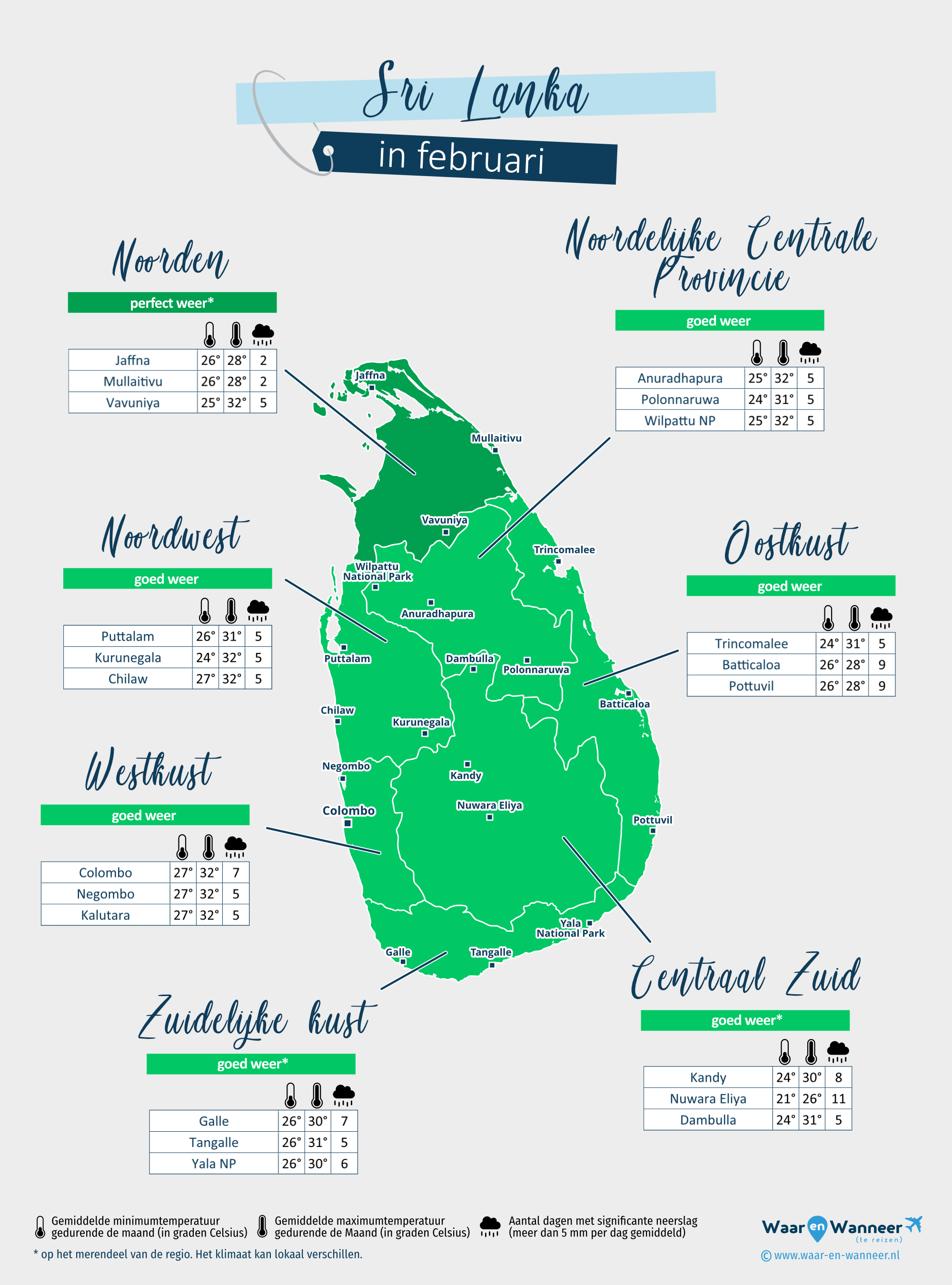 Sri Lanka: weerkaart in februari in verschillende regio's
