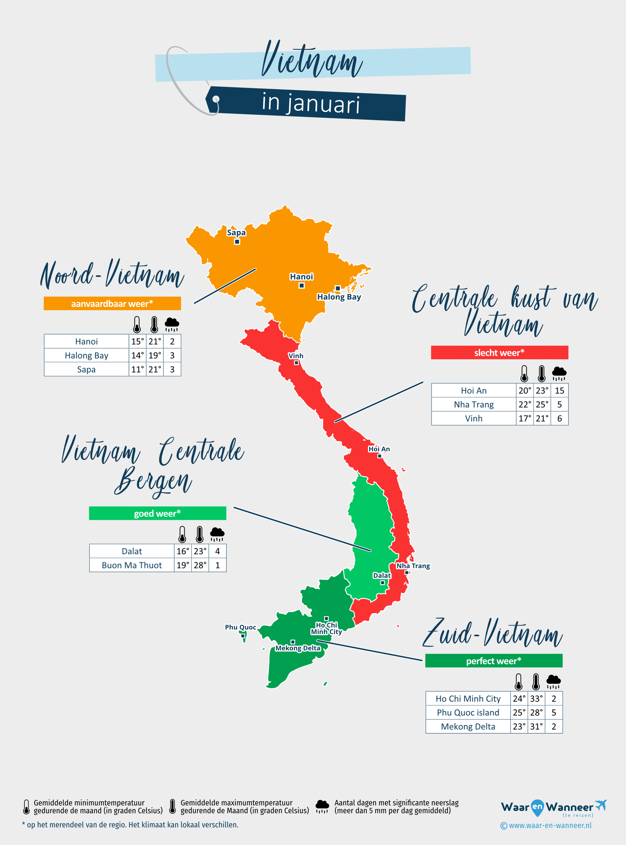 Vietnam: weerkaart in januari in verschillende regio's