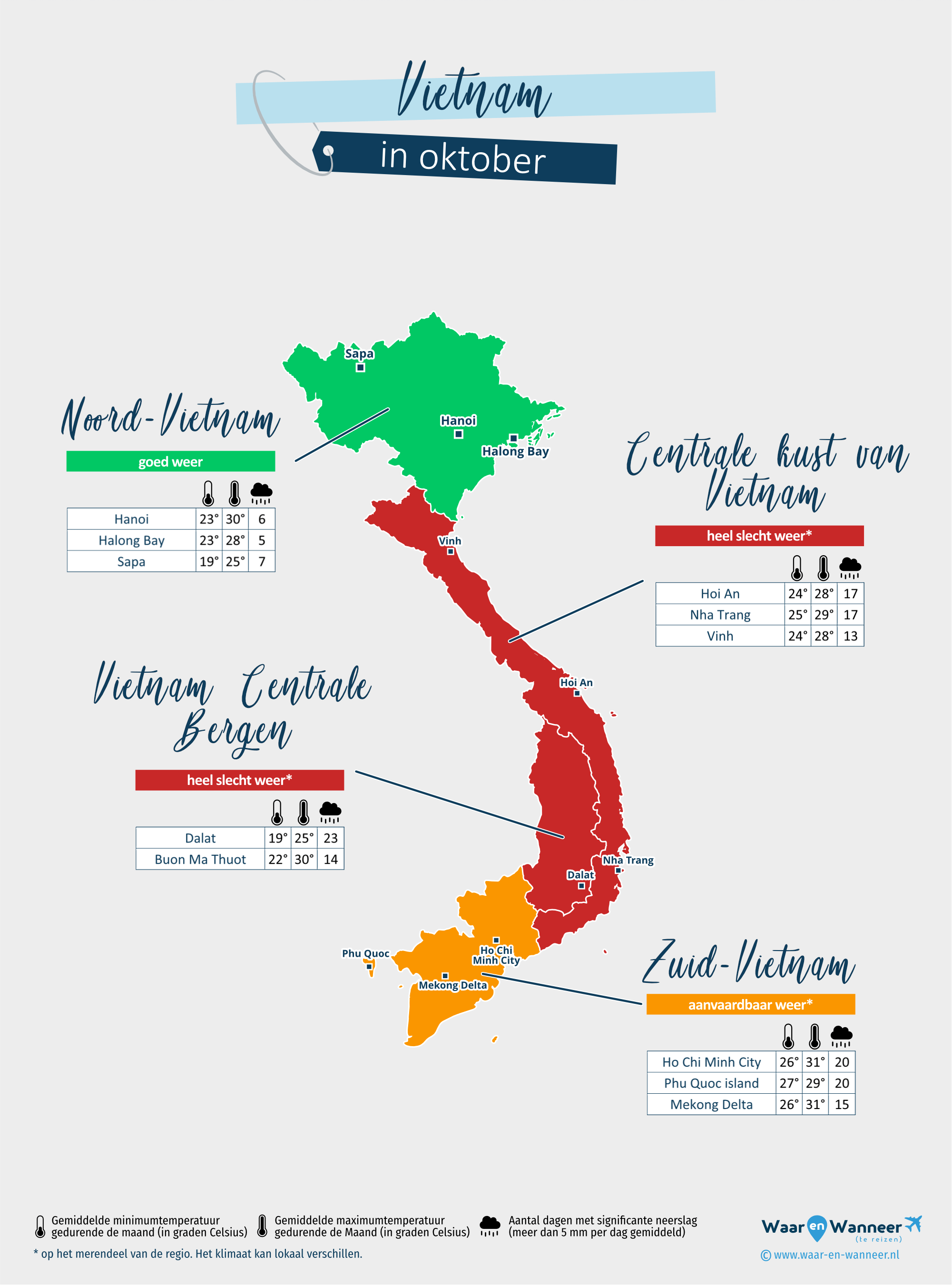 Vietnam: weerkaart in oktober in verschillende regio's