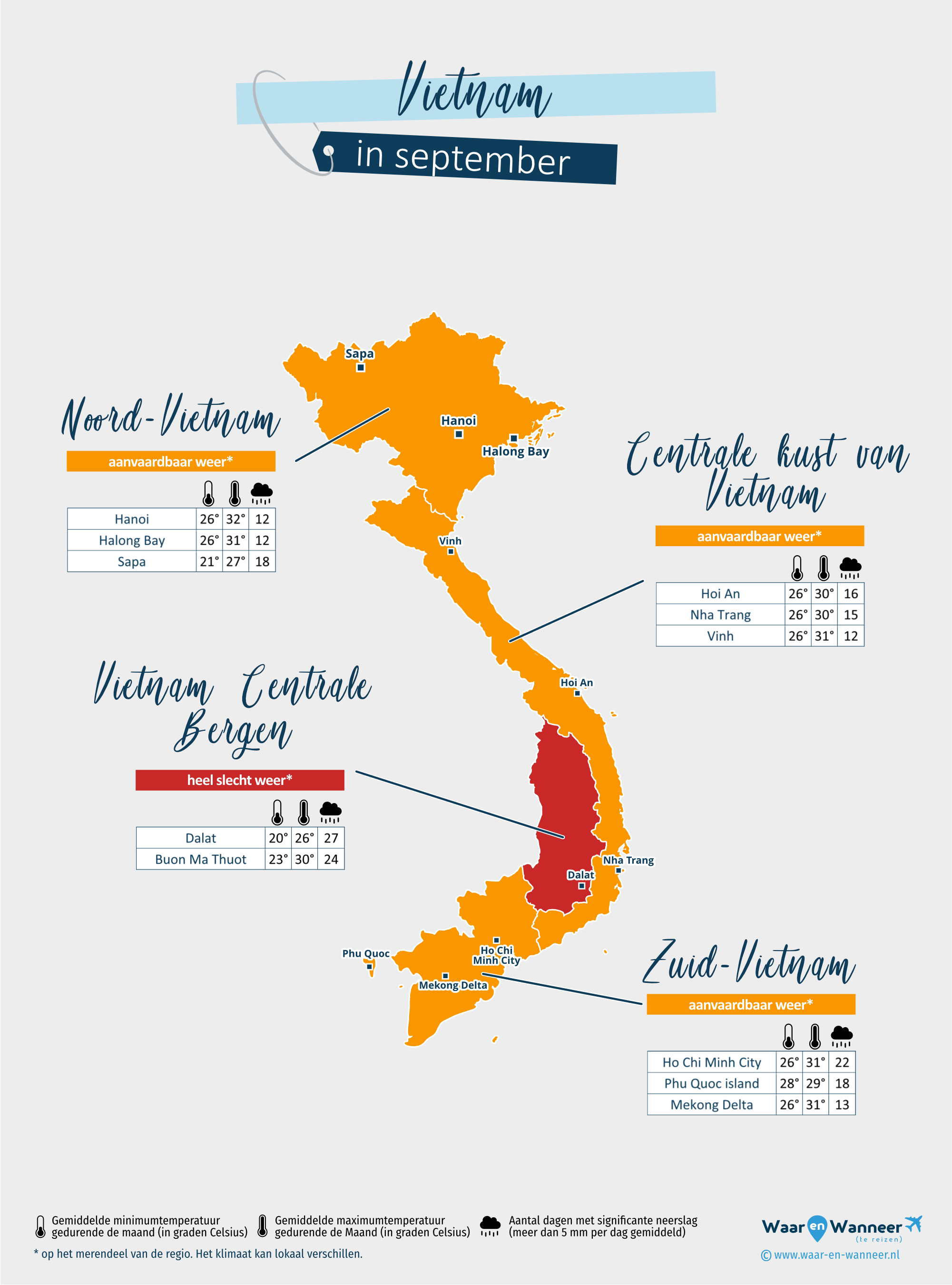Vietnam: weerkaart in september in verschillende regio's
