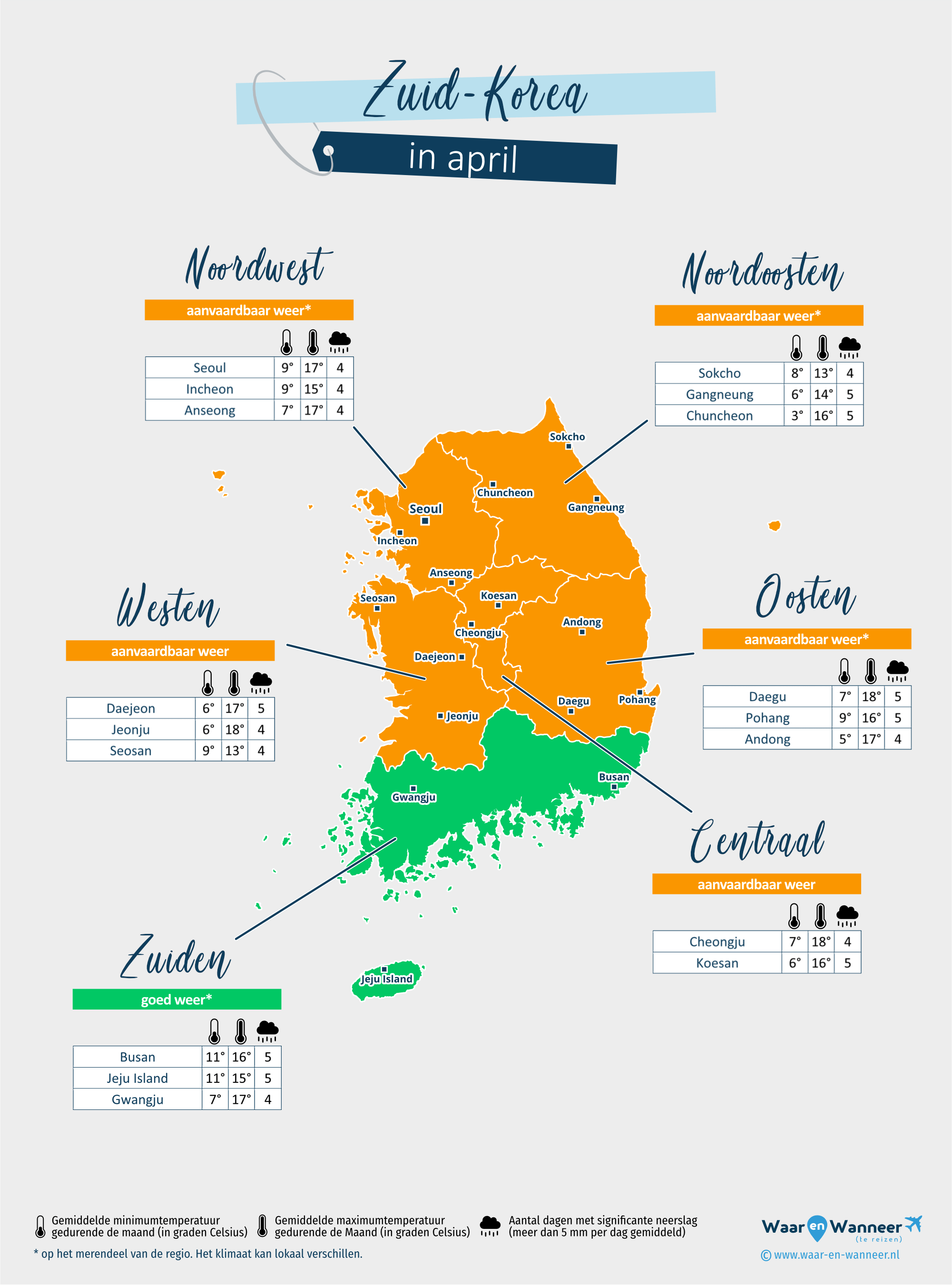 Zuid-Korea: weerkaart in april in verschillende regio's
