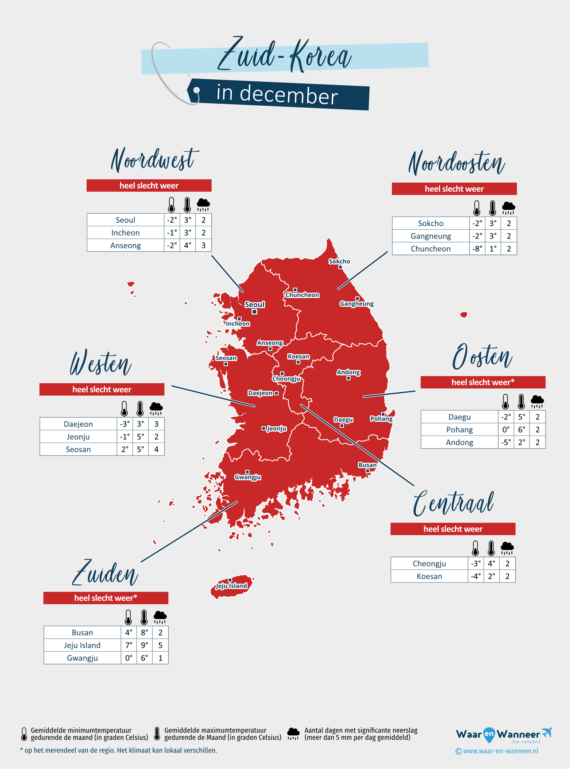 Zuid-Korea: weerkaart in december in verschillende regio's