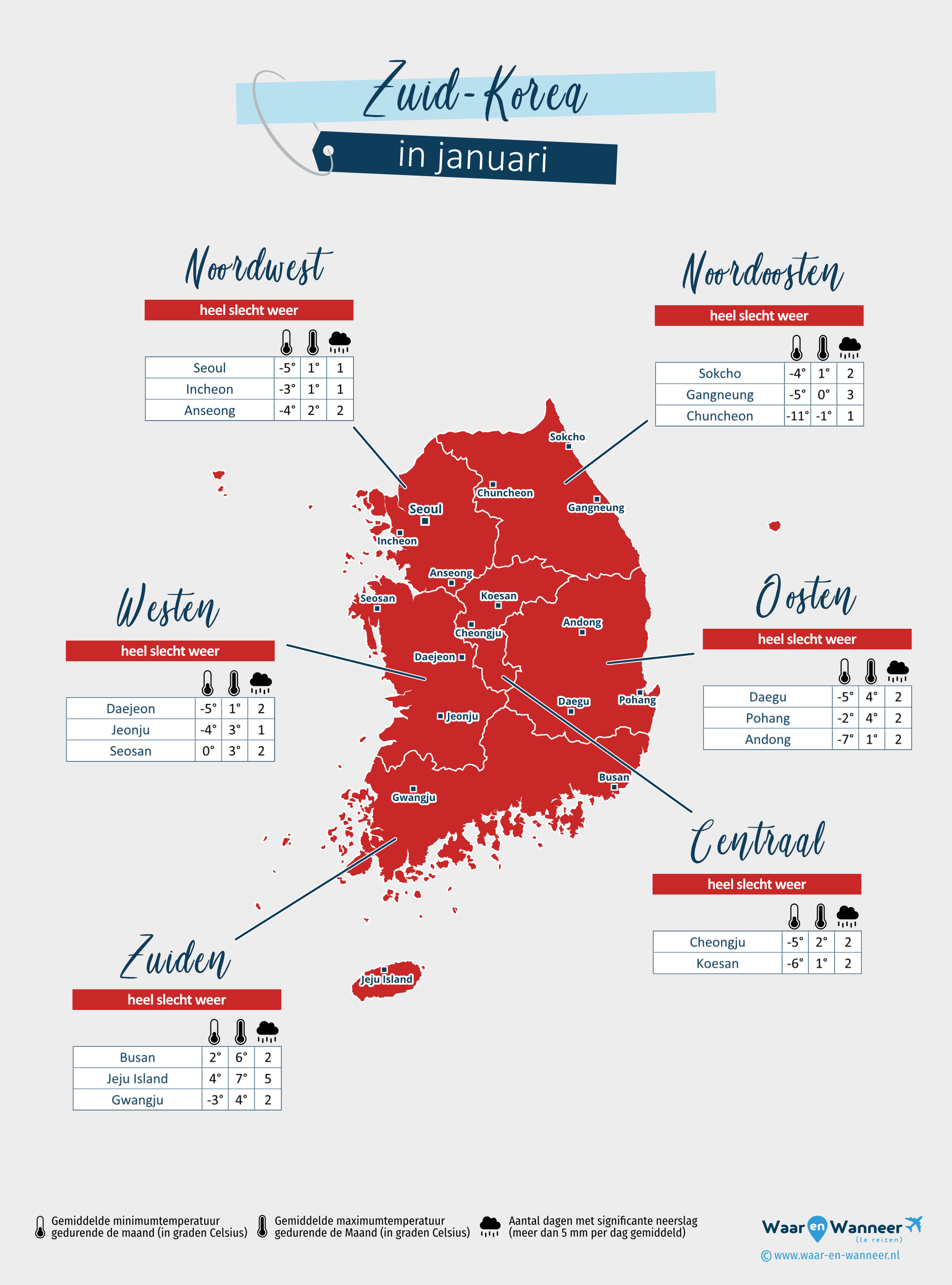 Zuid-Korea: weerkaart in januari in verschillende regio's