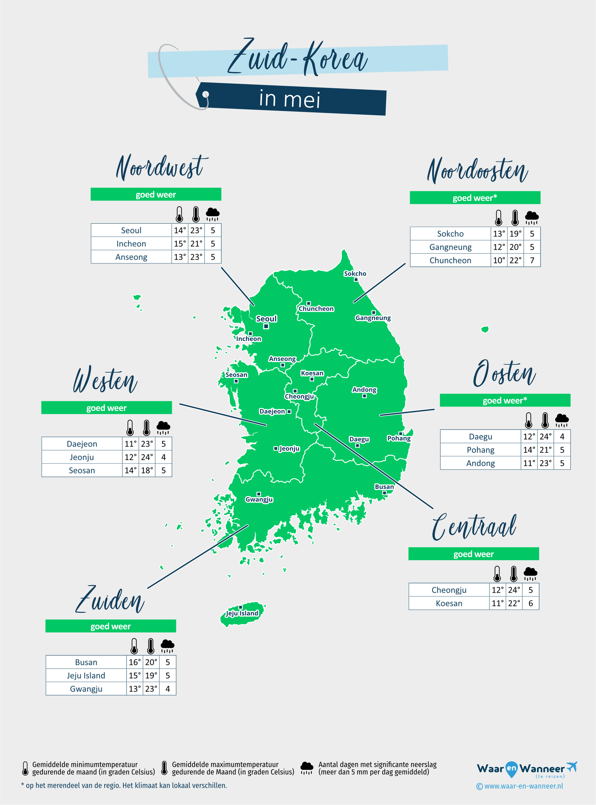 Zuid-Korea: weerkaart in mei in verschillende regio's