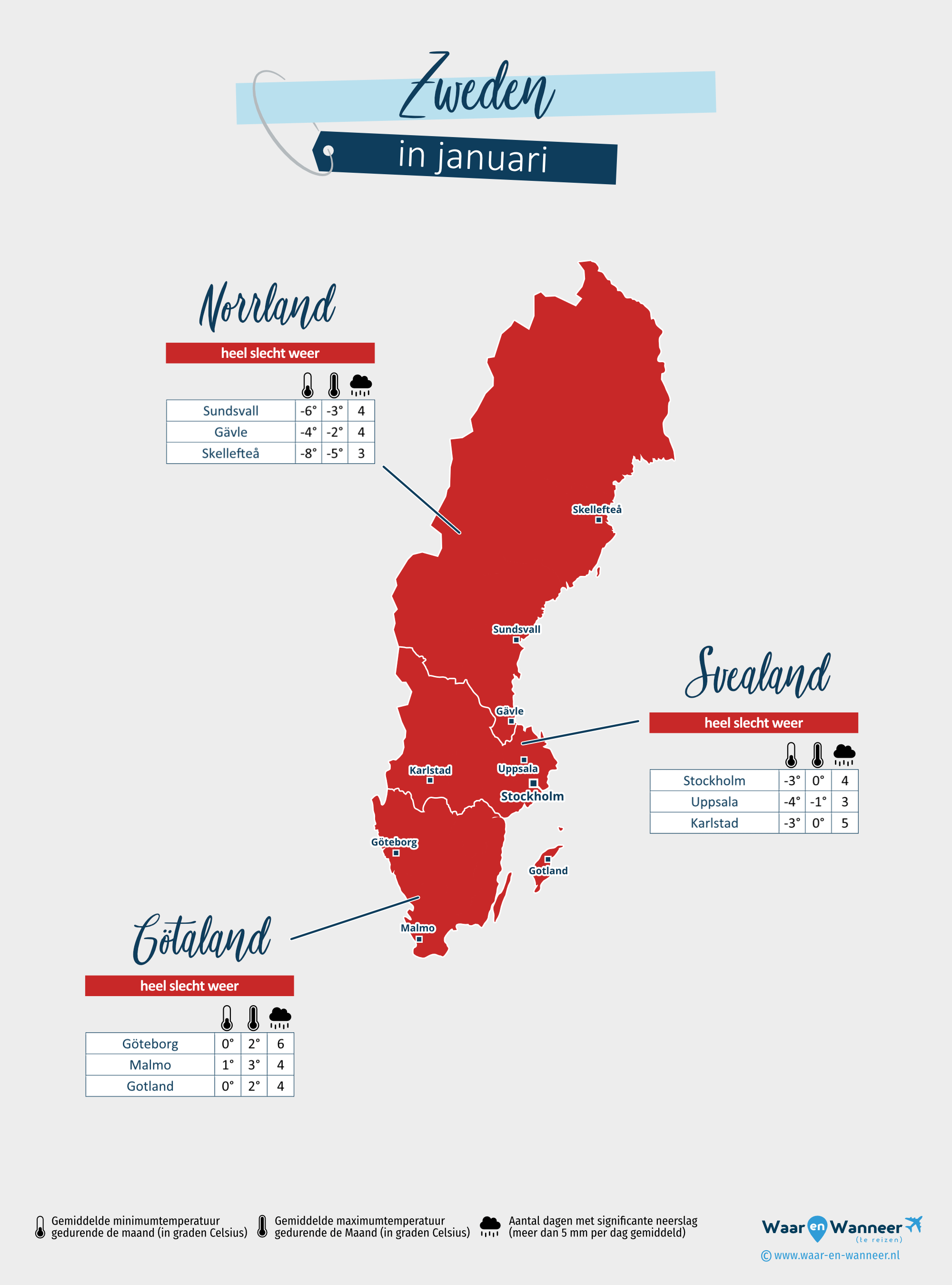 Zweden: weerkaart in januari in verschillende regio's